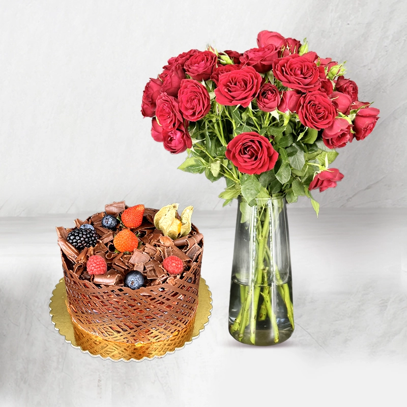 Fruits & Chocolate Cake with Red Roses Combo