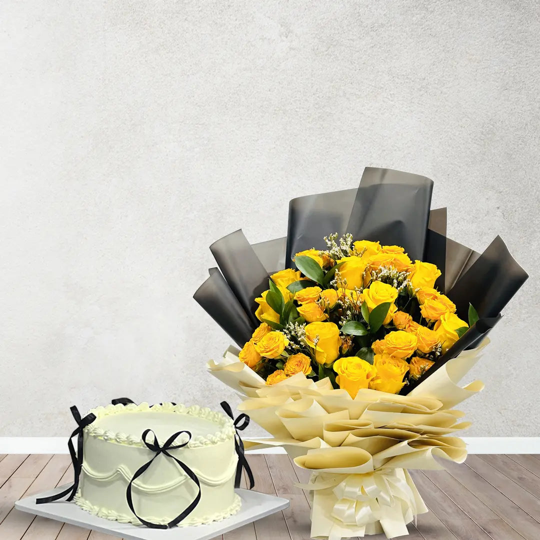 Blissful White Cake & Yellow Rose Flower Bouquet Combo