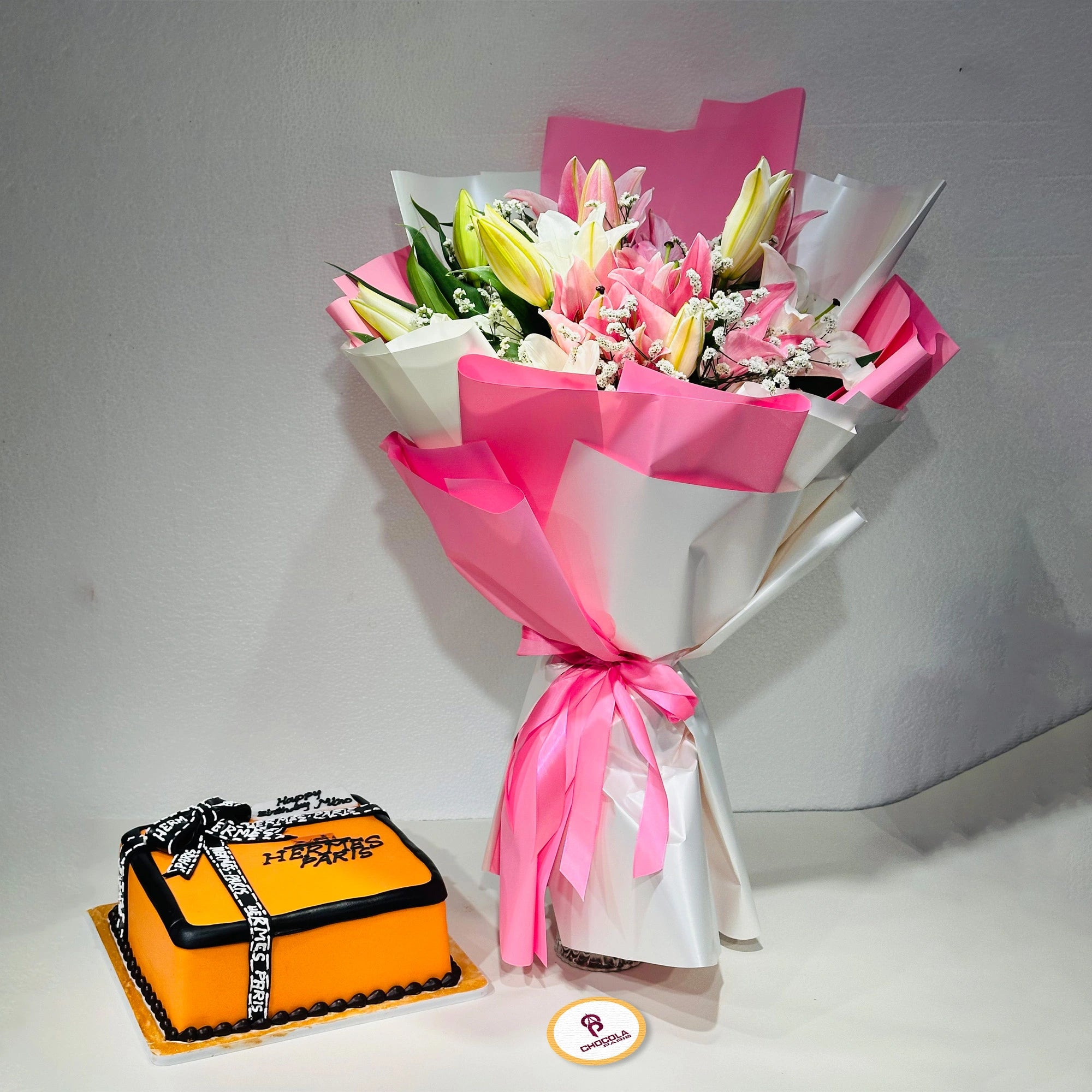 Hermes Paris Cake and flower bouquet combo