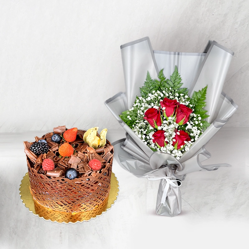 Fruits and Chocolate Cake With Red Rose Bouquet