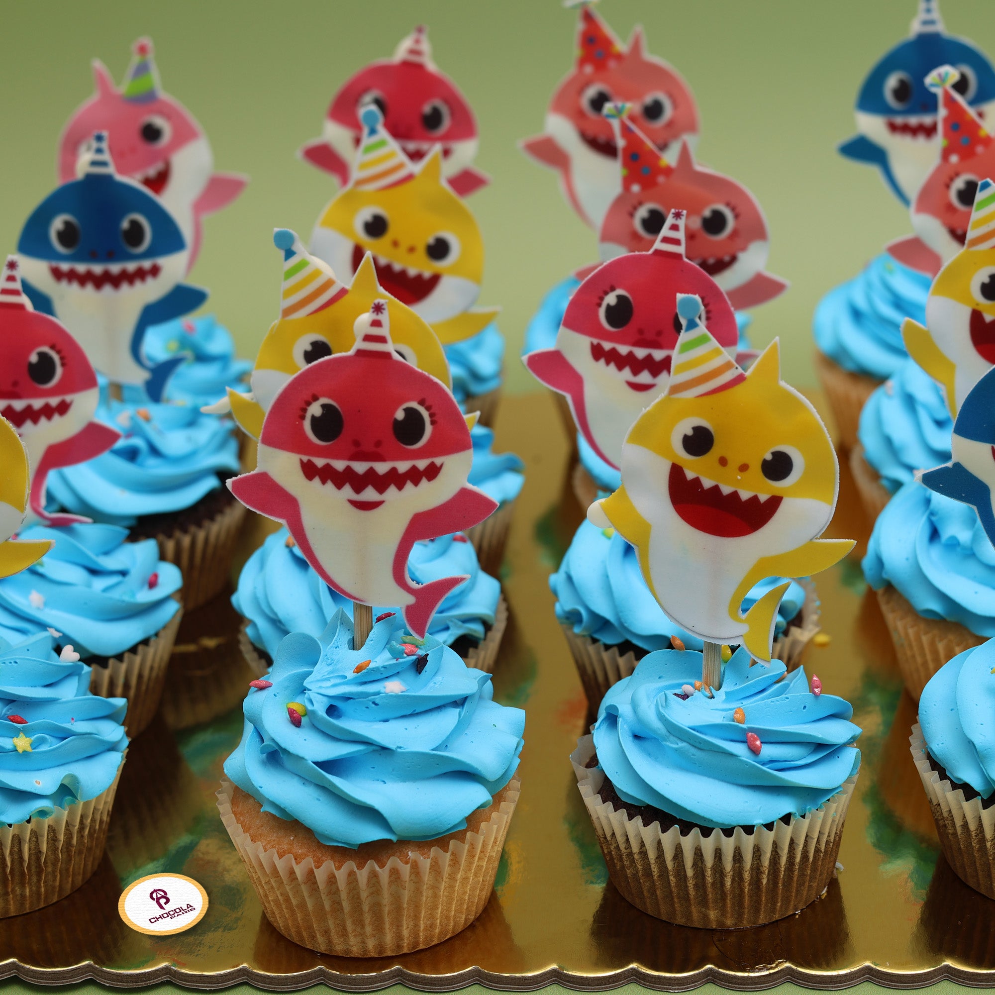 Baby shark cake with cupcakes