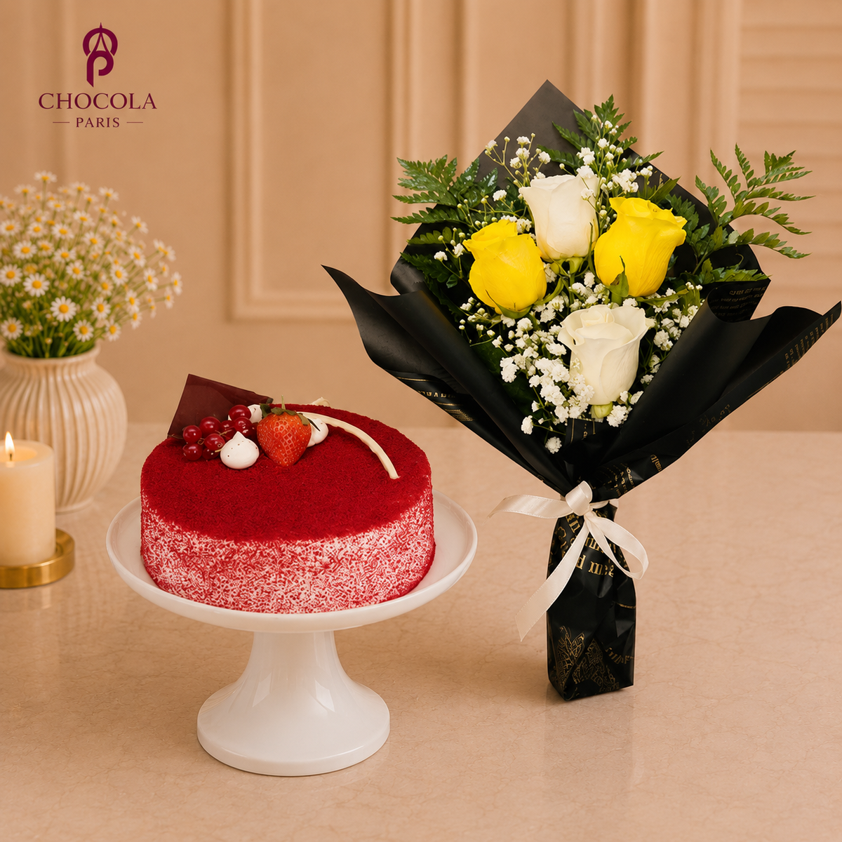Red Velvet Cake with Colorful  Flowers Combo