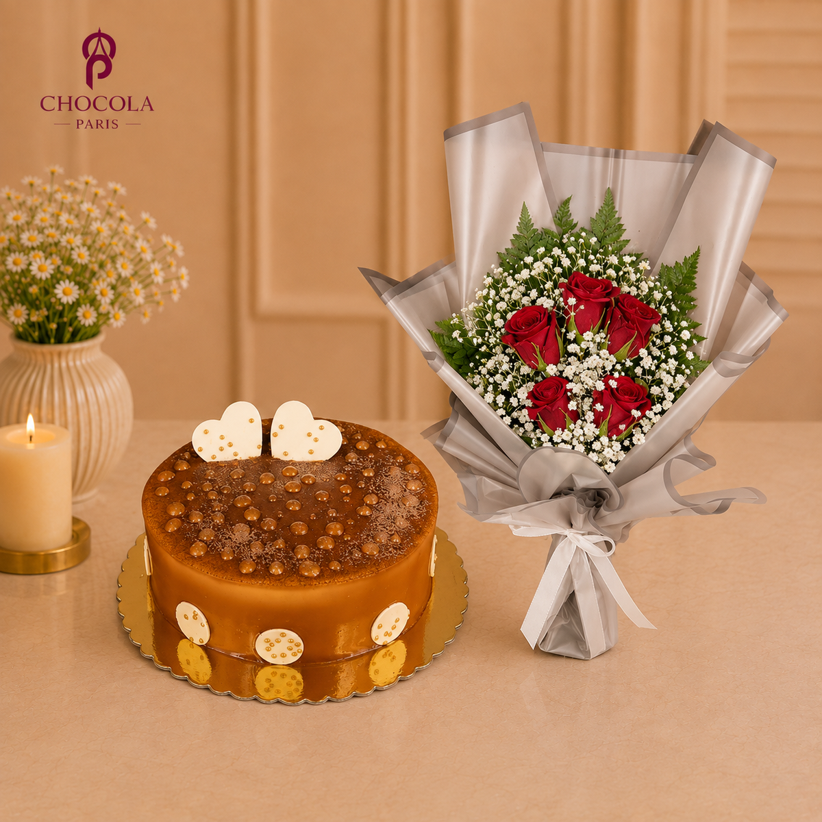 Creamy Cake With Red Roses Combo