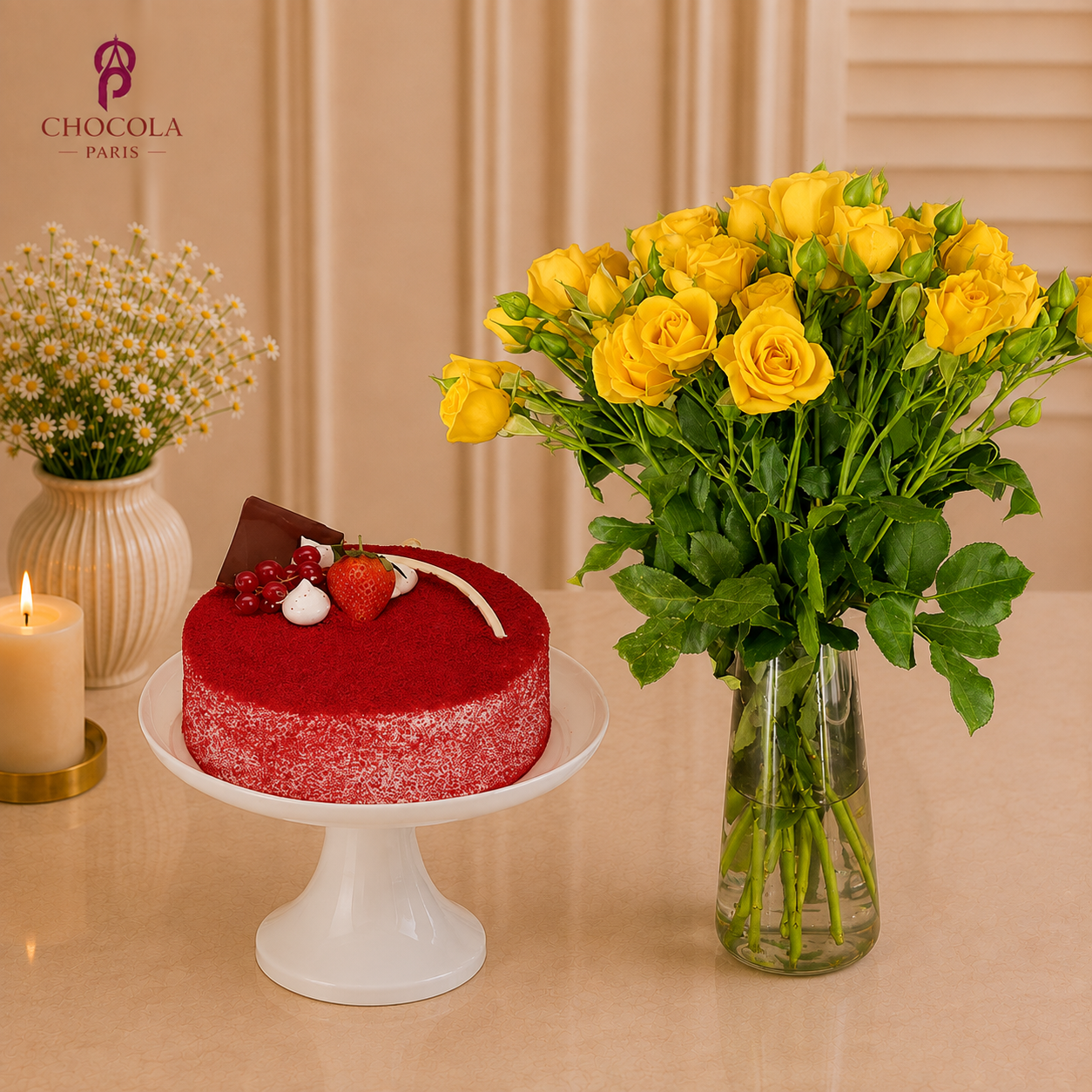 Red Velvet Cake with Yellow Roses Combo