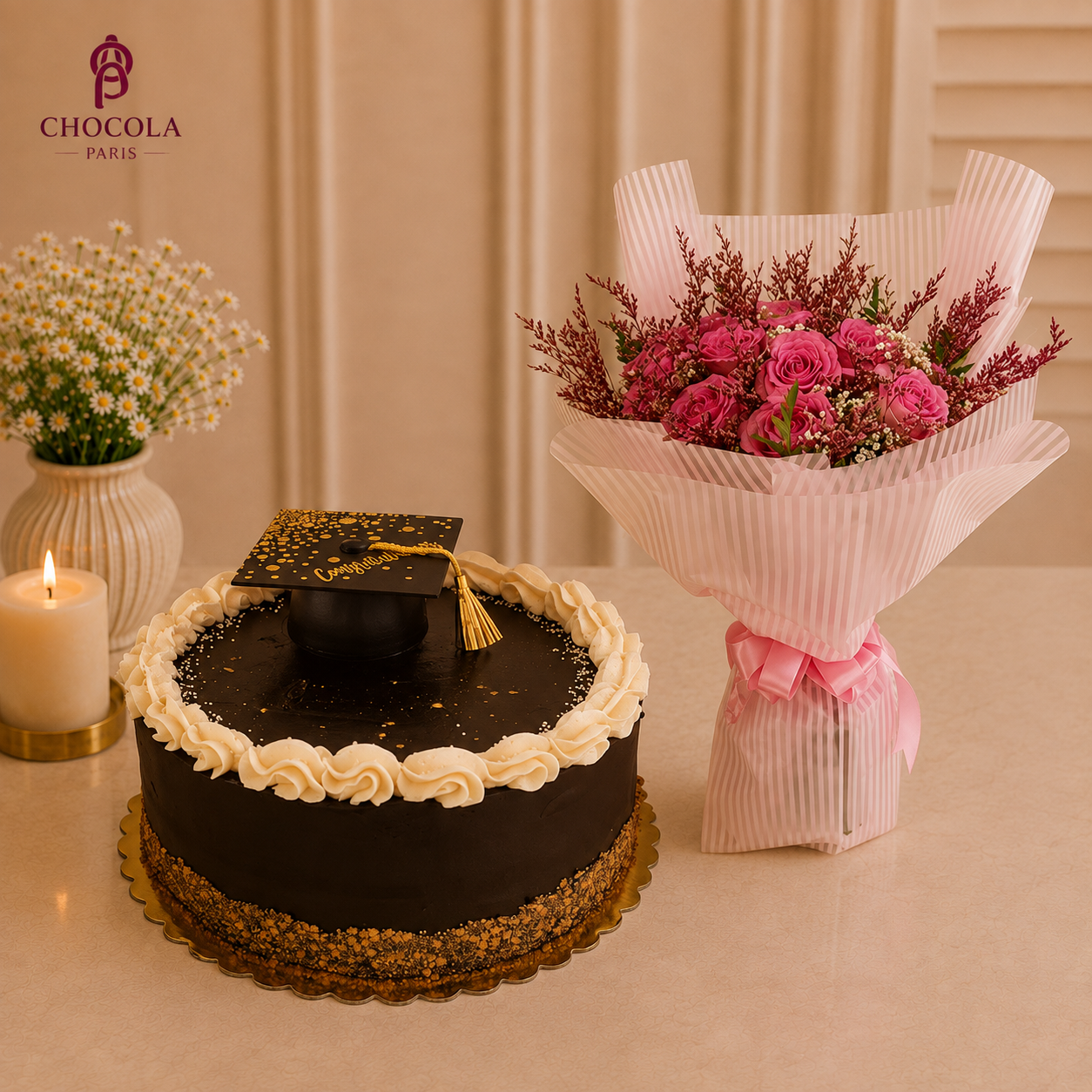 Lovely Black graduation Day Cake & Flower combo