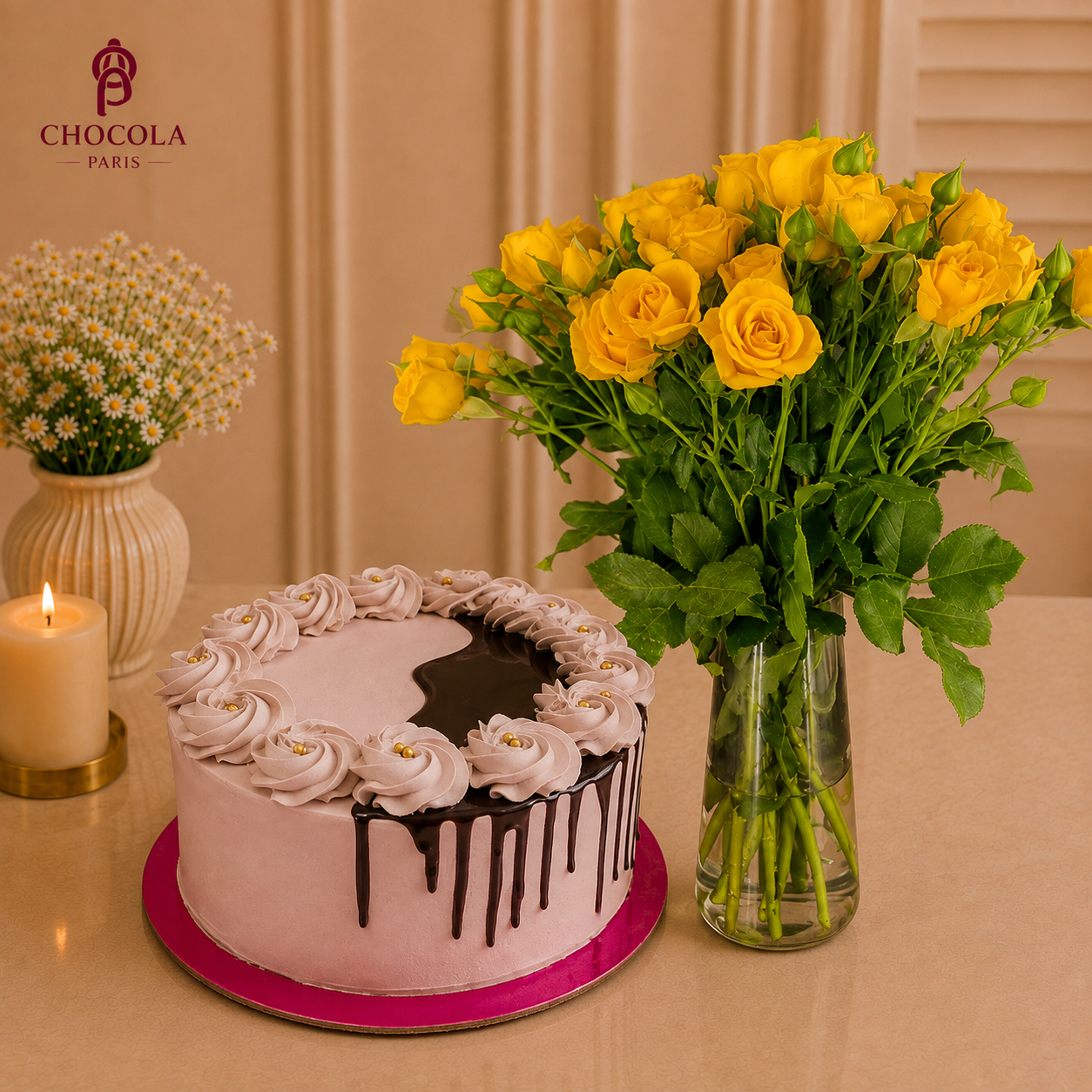 ChocoDrip Cake With Yellow Roses Combo