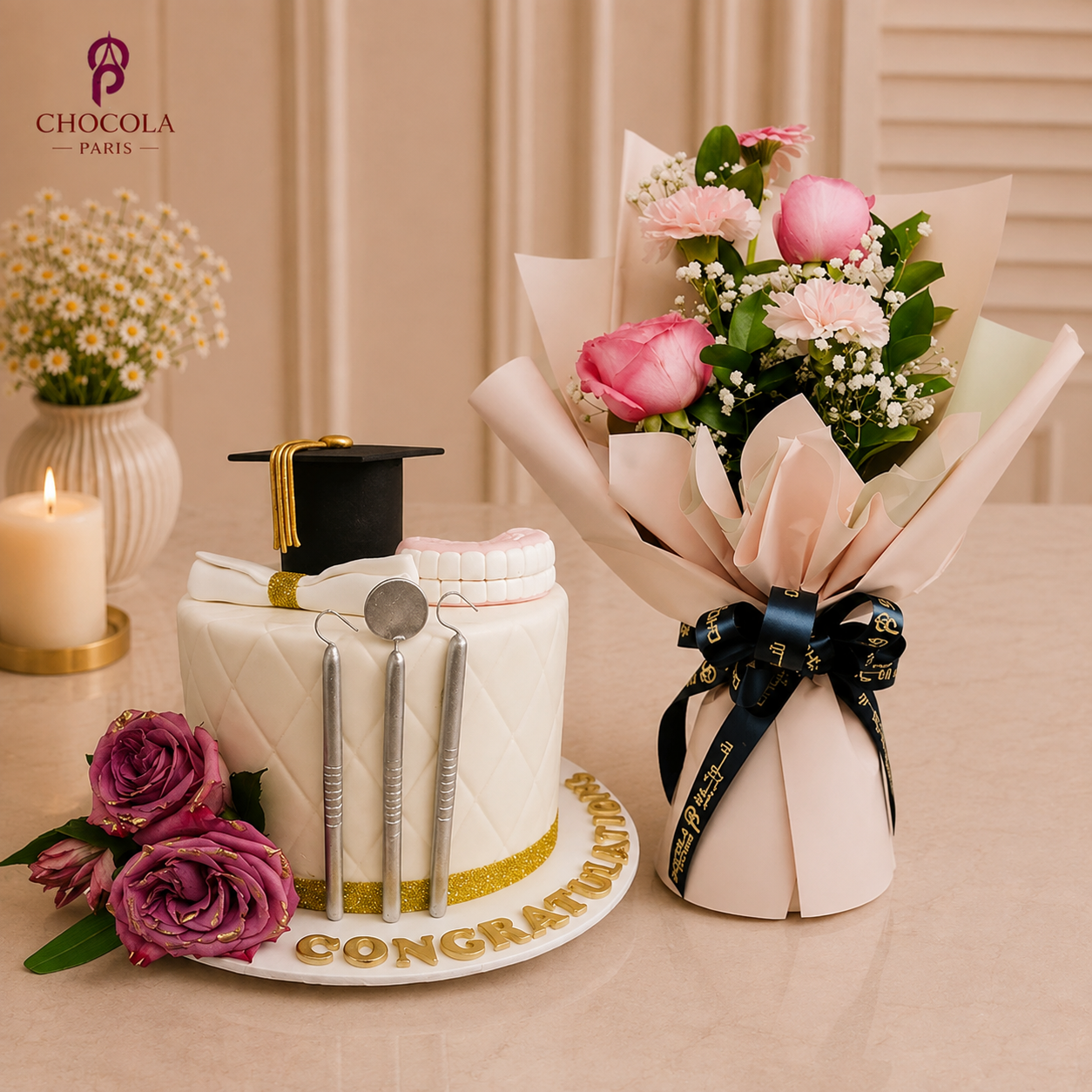 Dental Theme Graduation Day Cake & Flowers Combo