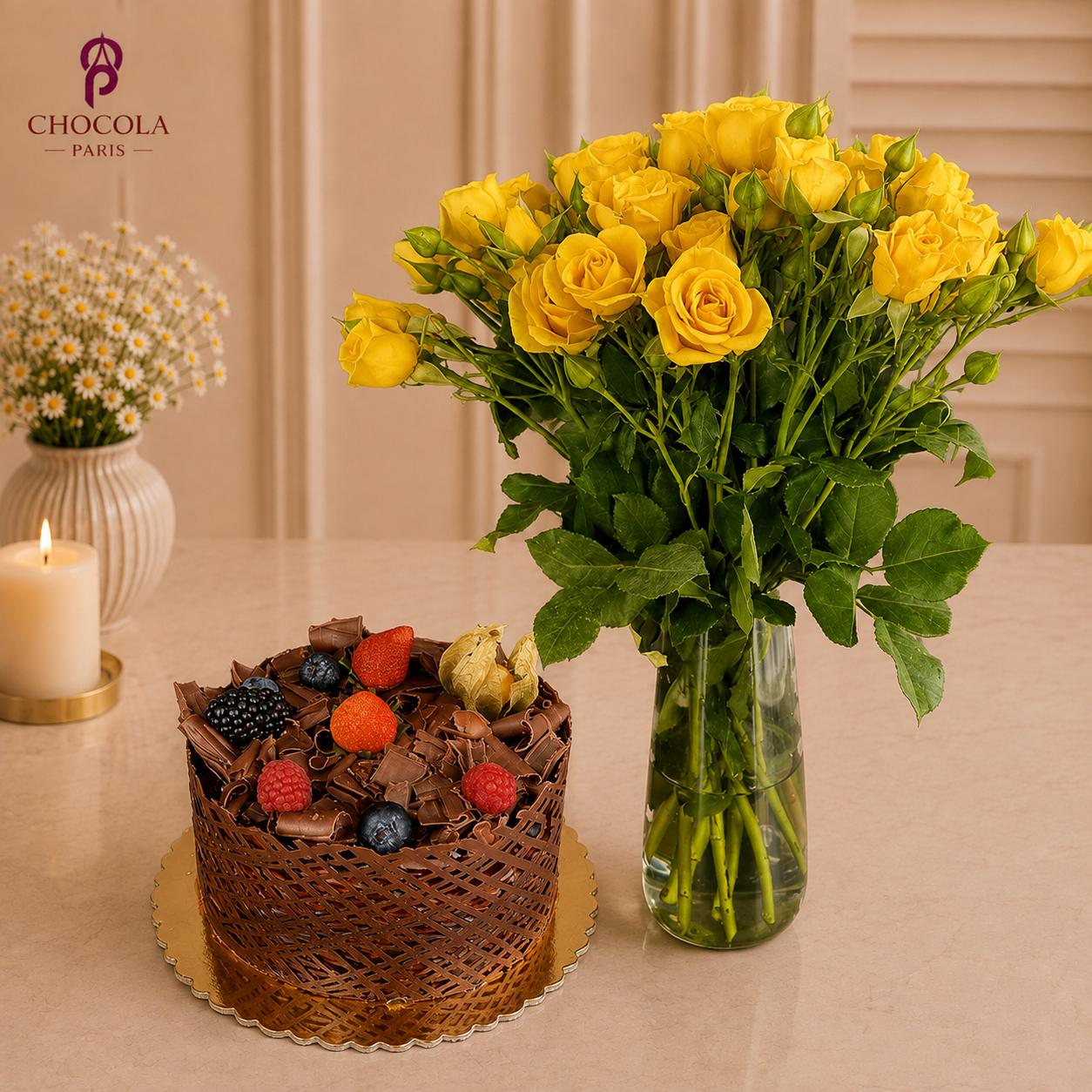Fruits & Chocolate Cake With Yellow Roses Combo
