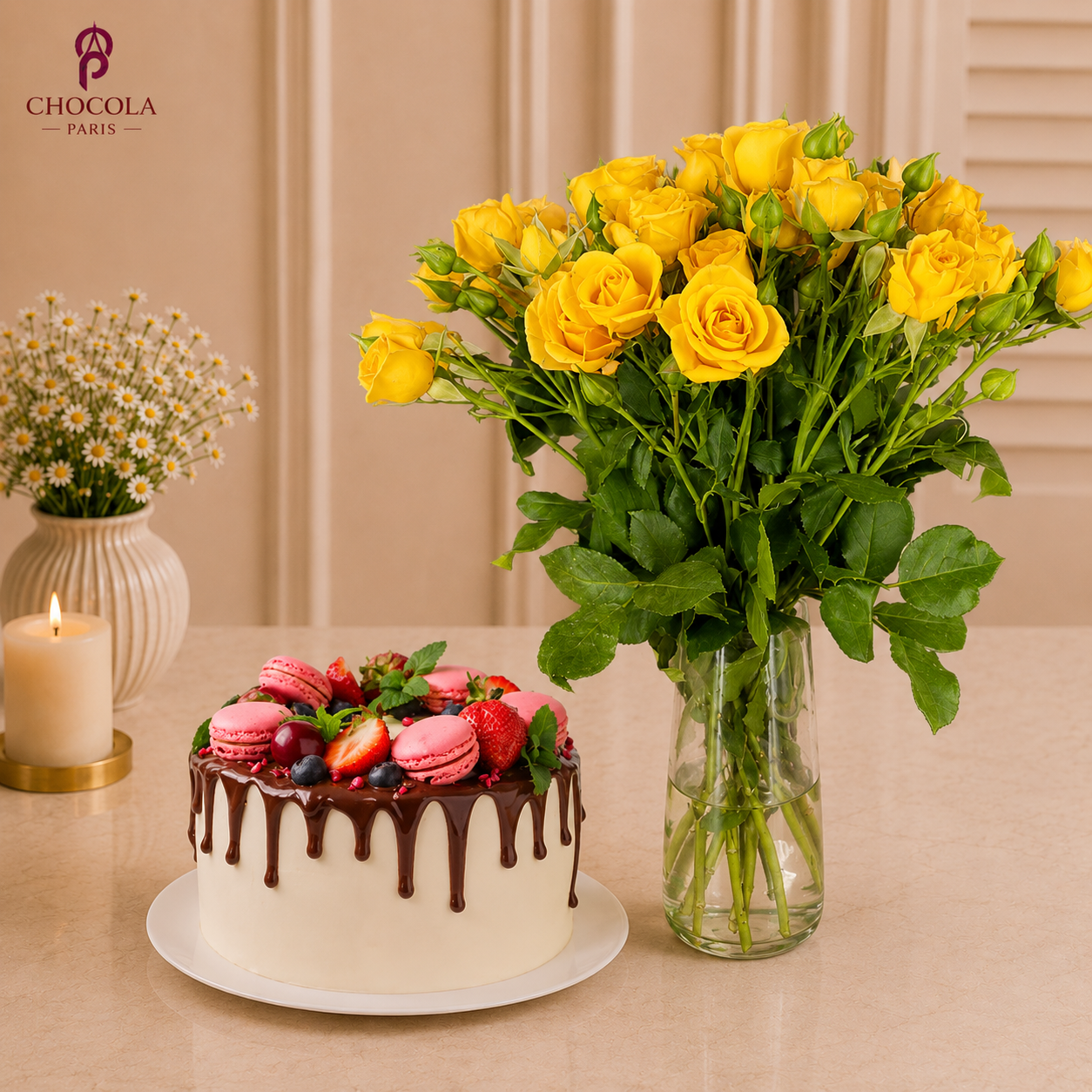 Macaron Cake & Yellow Roses Combo
