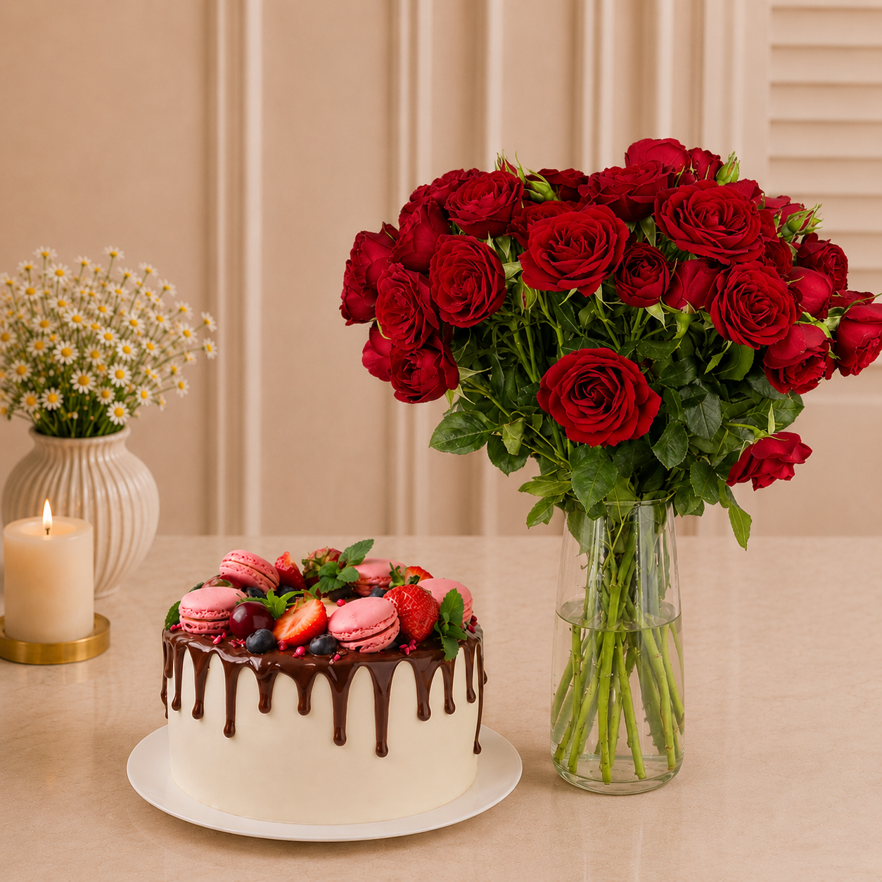 Macaron Loaded Cake with Red Roses Combo