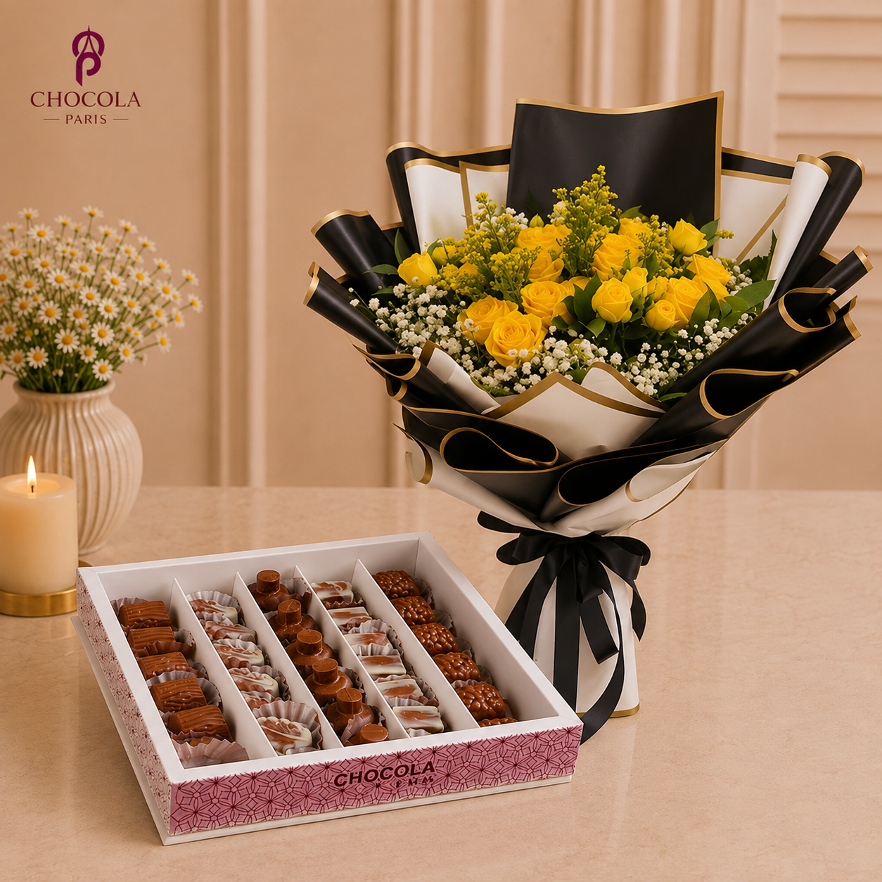 Belgian Chocolate Box with Yellow Rose Bouquet