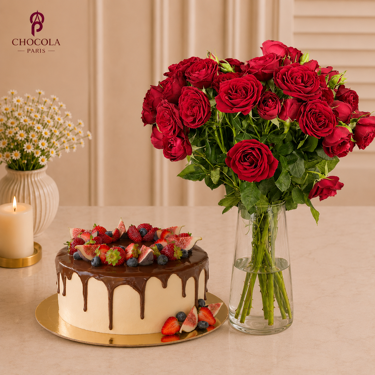Choco-Fruit Cake & Red Roses Combo