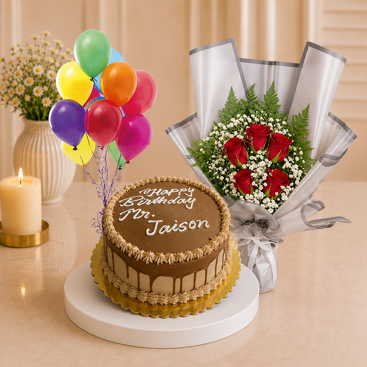 B'Day Cake and Rose Bouquet with balloons