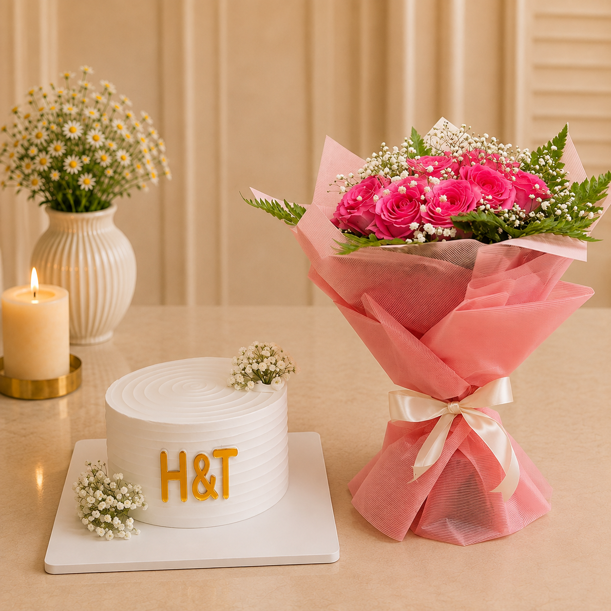 Beautiful White Cake and Pretty Pink flower bouquet combo