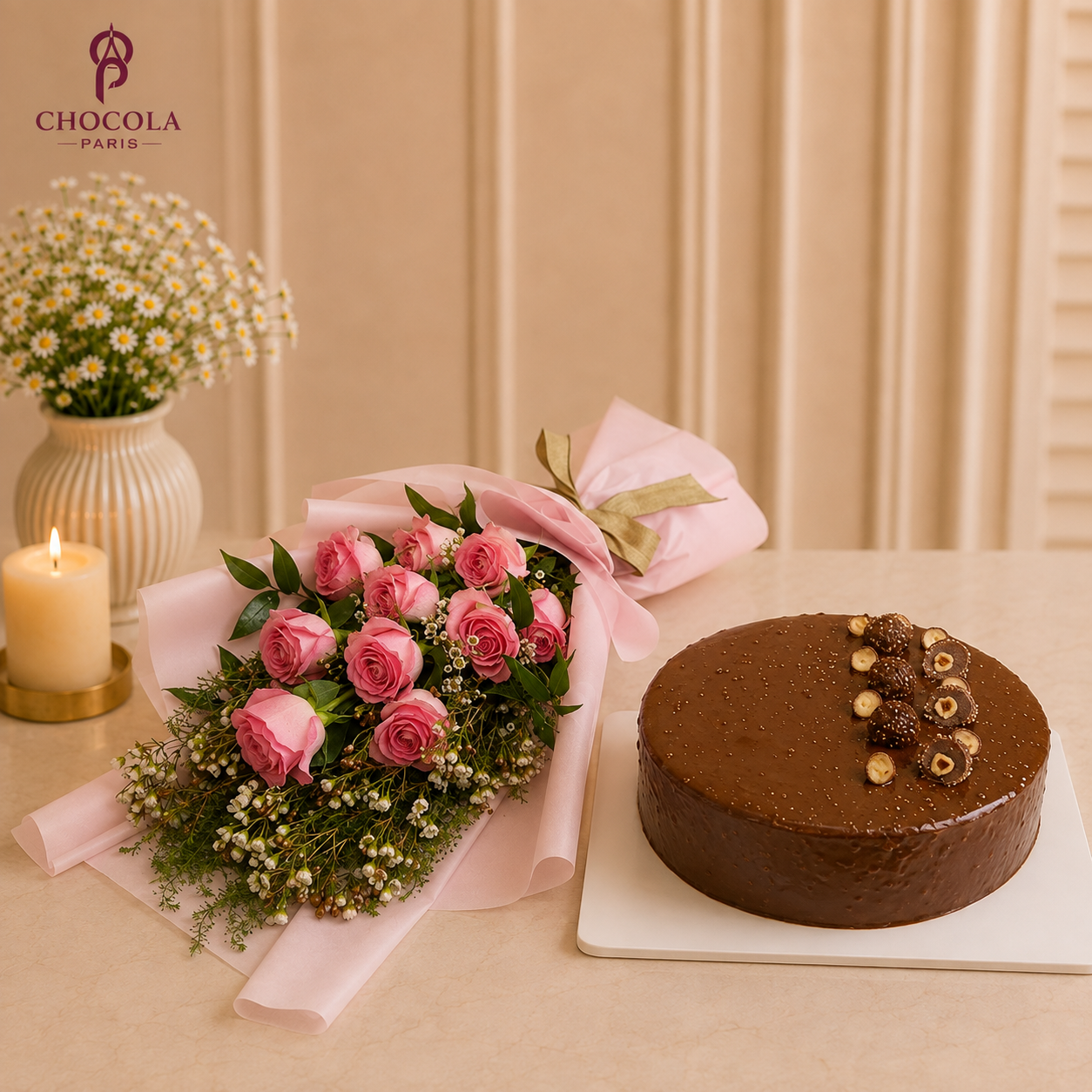 Pink Rose Bouquet & Chocolate Cake Combo