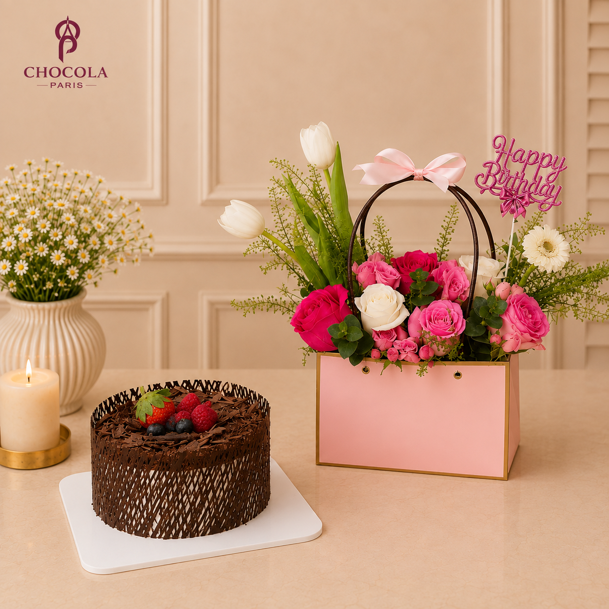 Delicious chocolate cake & pretty flower bag combo
