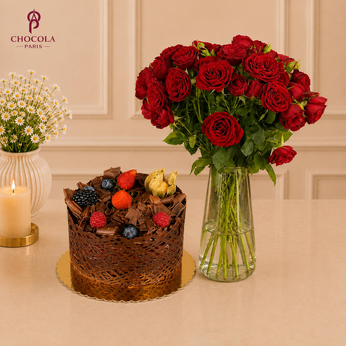 Fruits & Chocolate Cake with Red Roses Combo