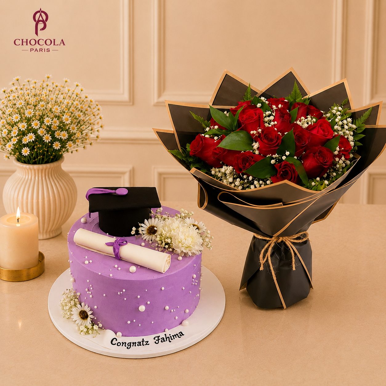 Purple Graduation Day cake and Flower Combo