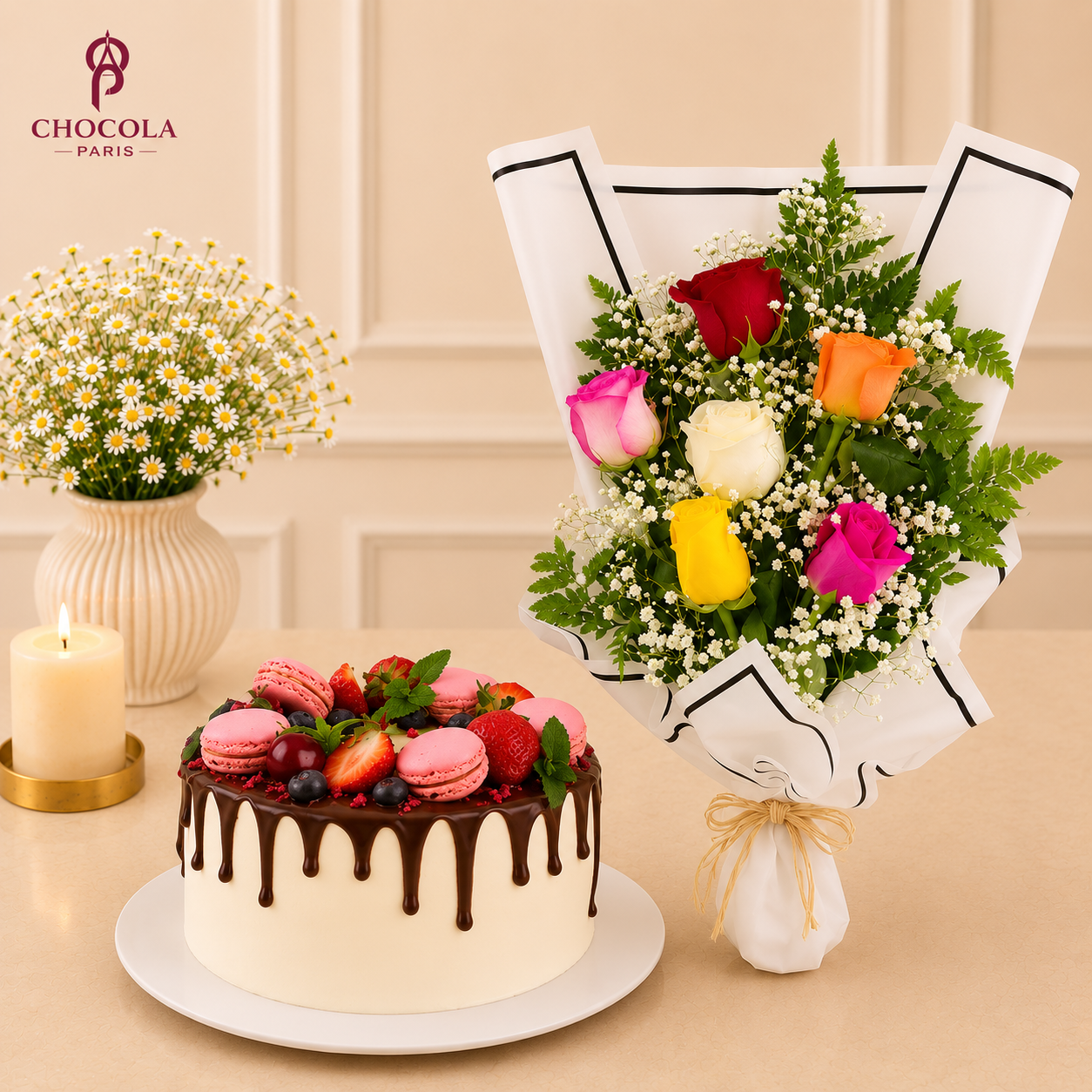 Macaron Topped Cake with Bouquet