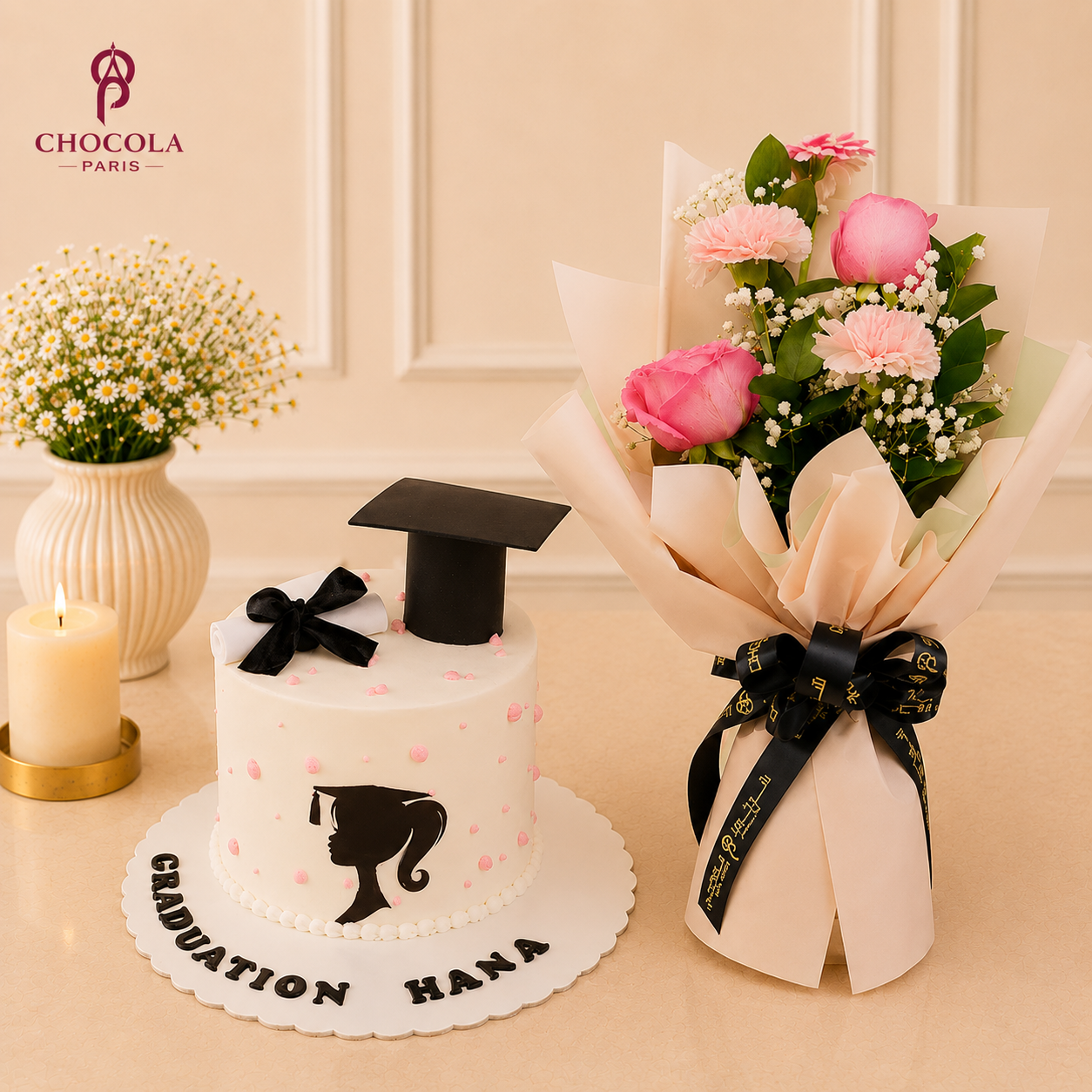 Mesmerising Graduation Day Cake With Flowers Combo