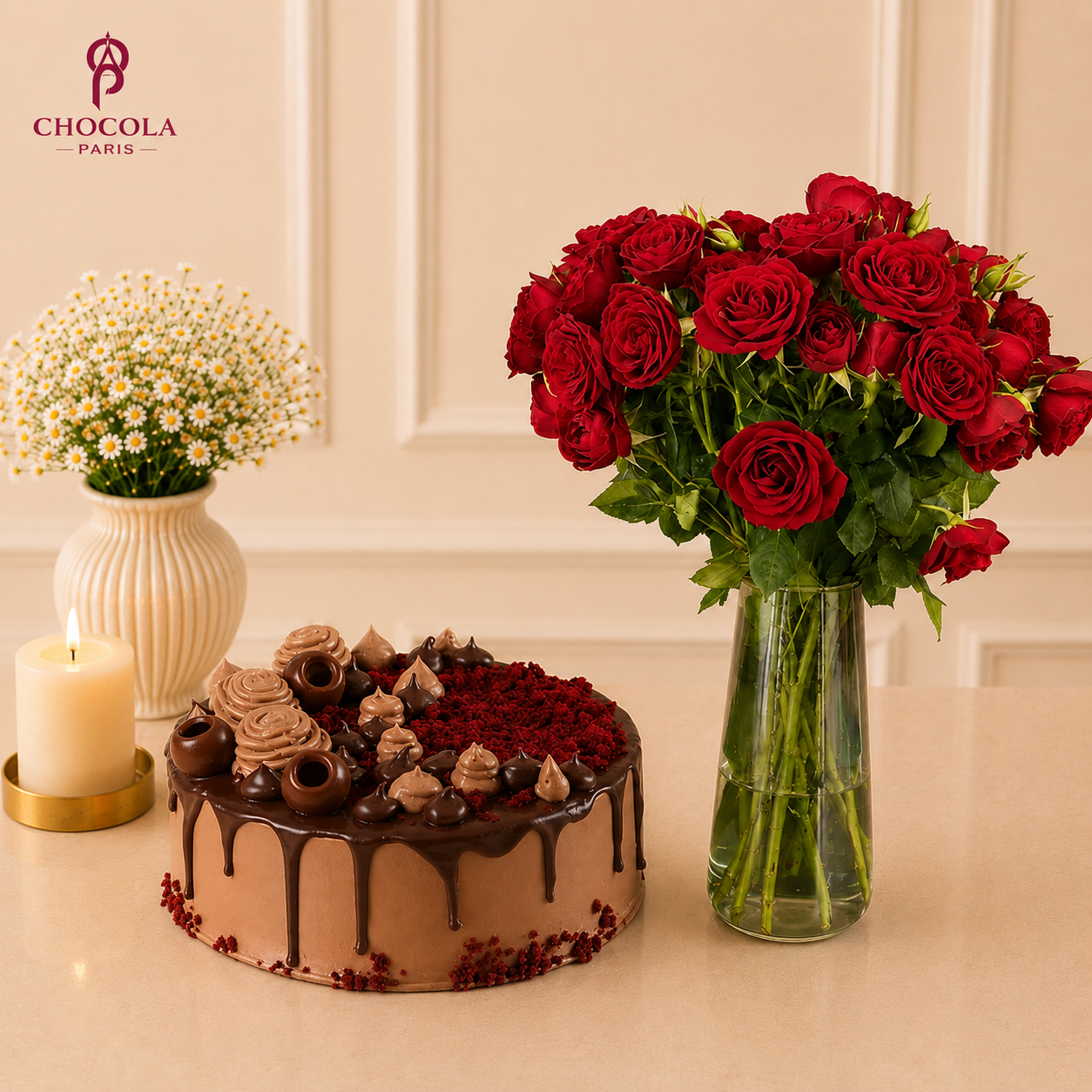 ChocoDrip Cake With Red Roses Combo