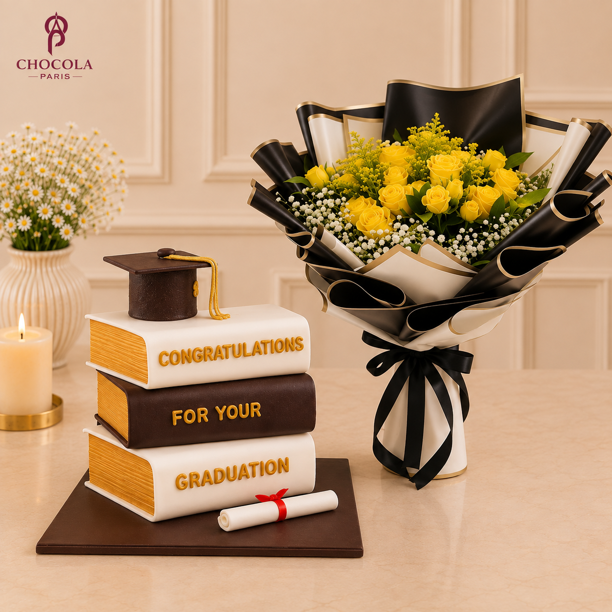 Book Shape Graduation Day Cake With Flowers Combo