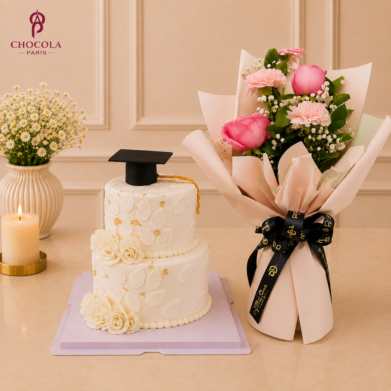 White Graduation Day Cake with Flowers Combo