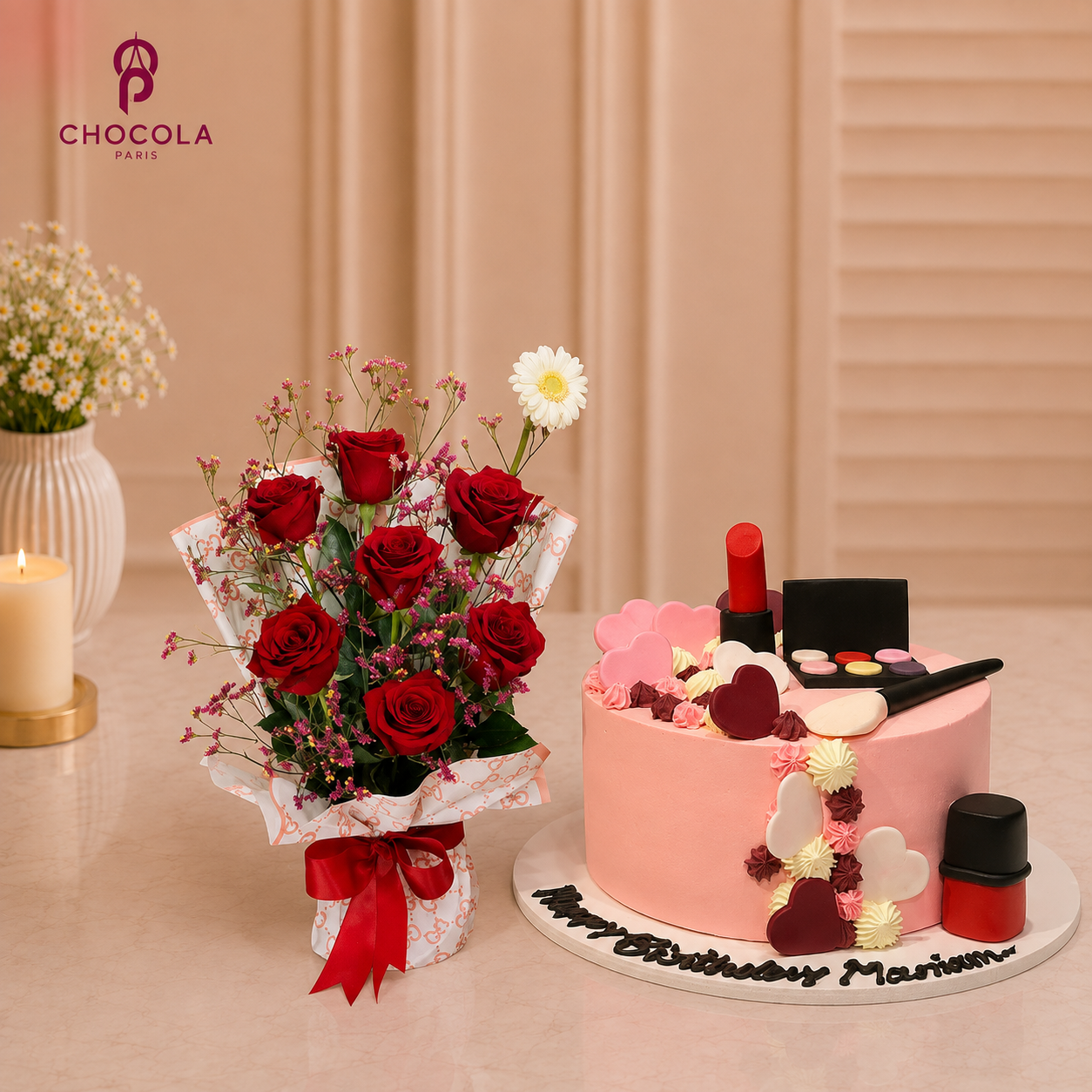 Pretty makeup cake and flower bouquet combo