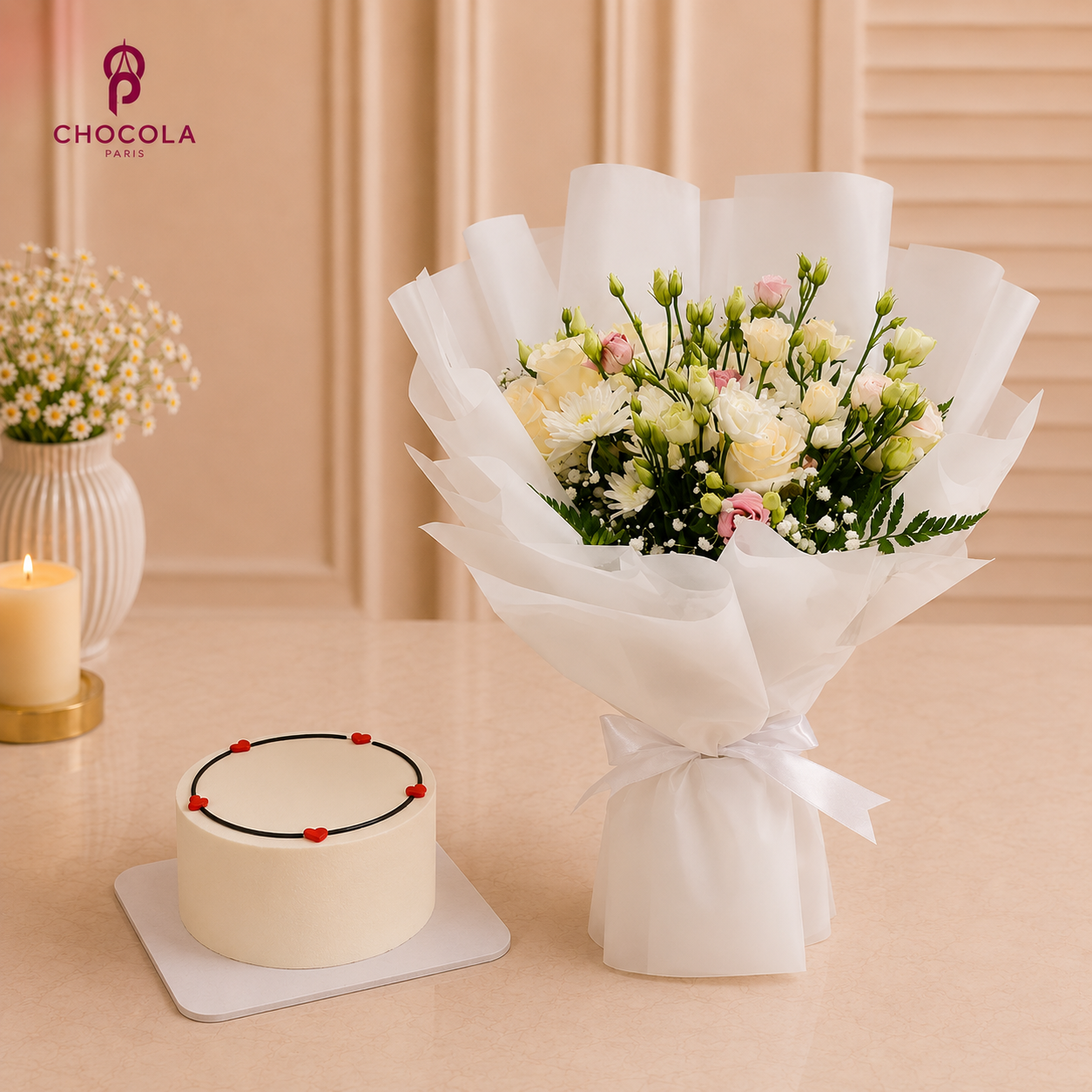 Graceful White Bouquet & Cake Combo