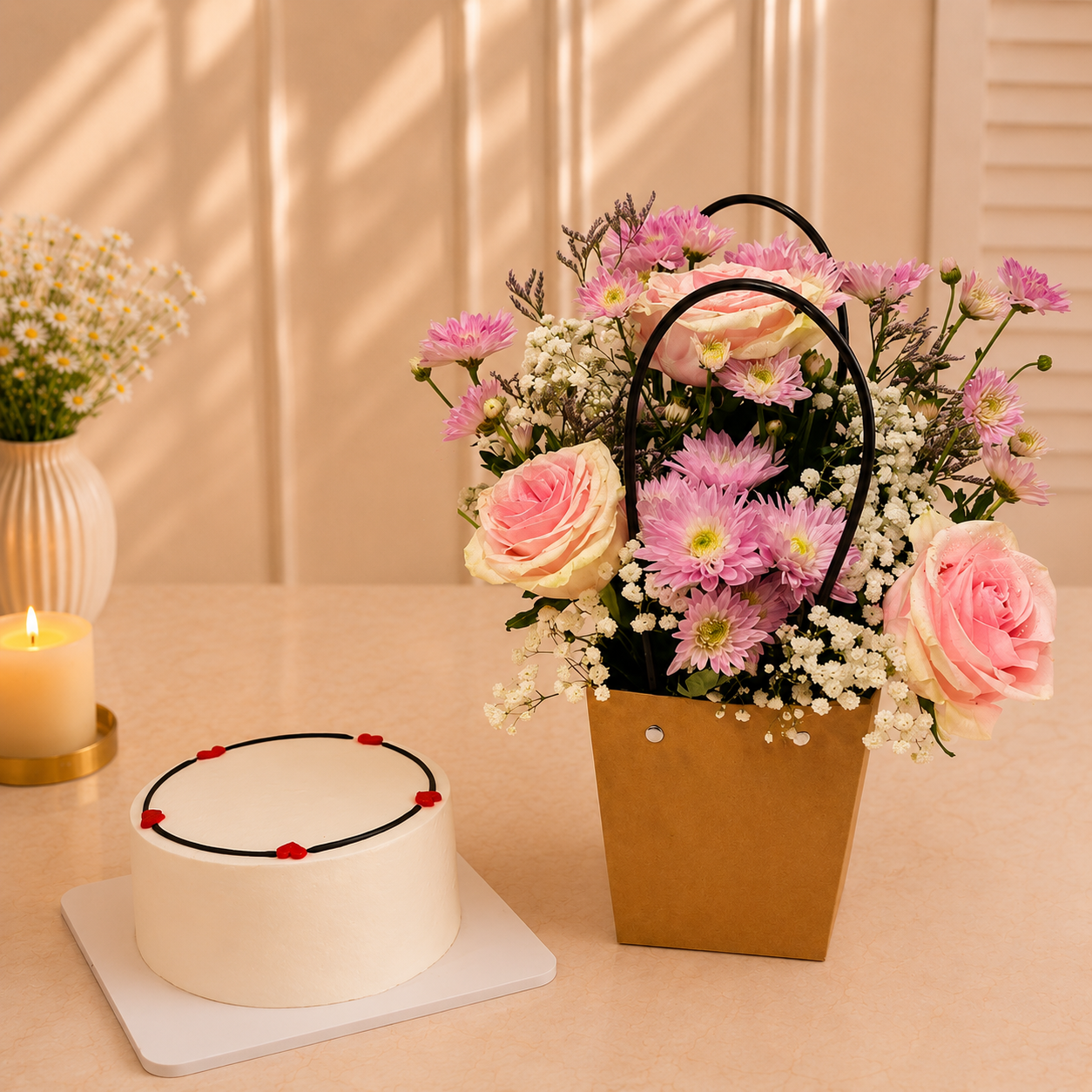 Pink blooms basket and white cake combo