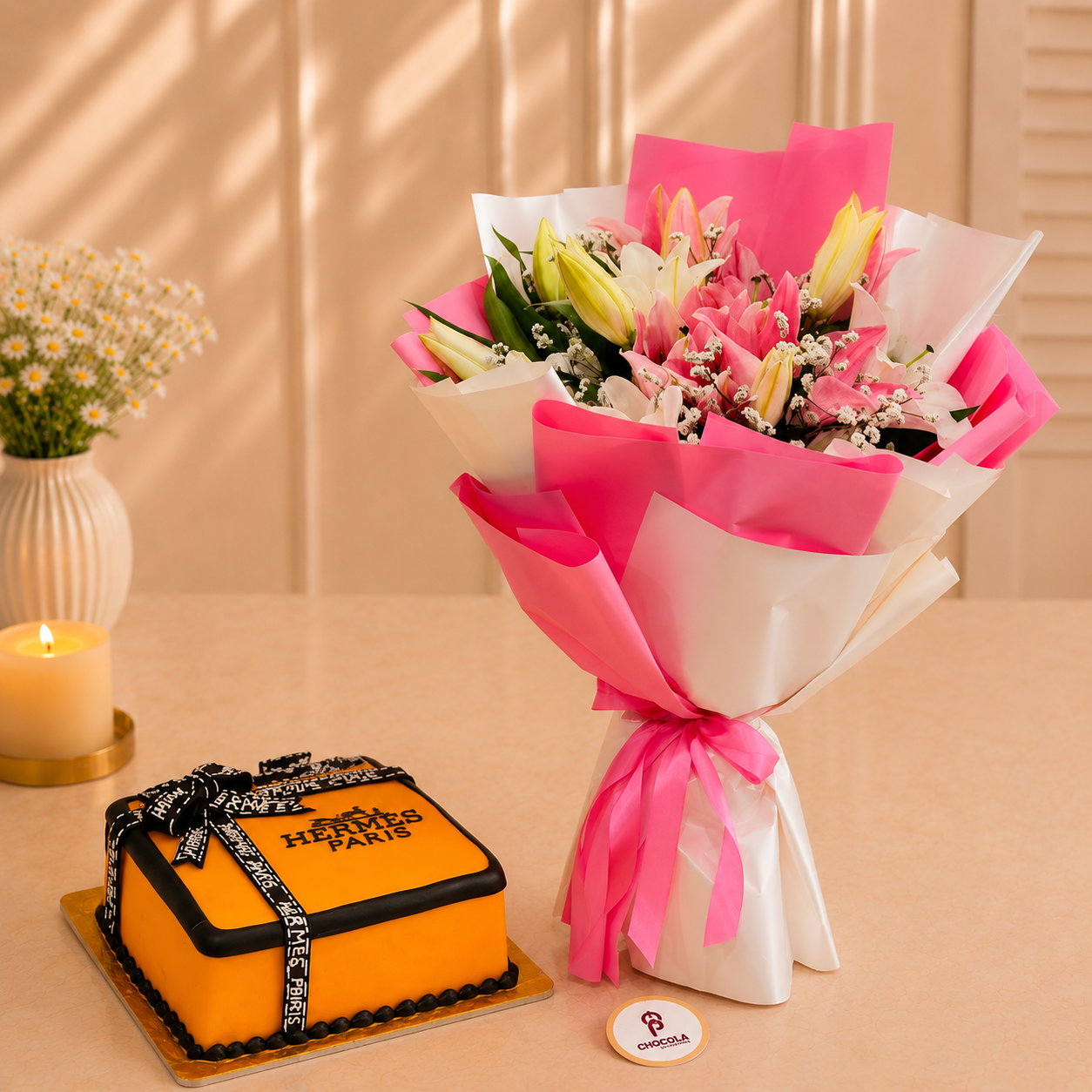 Hermes Paris Cake and flower bouquet combo