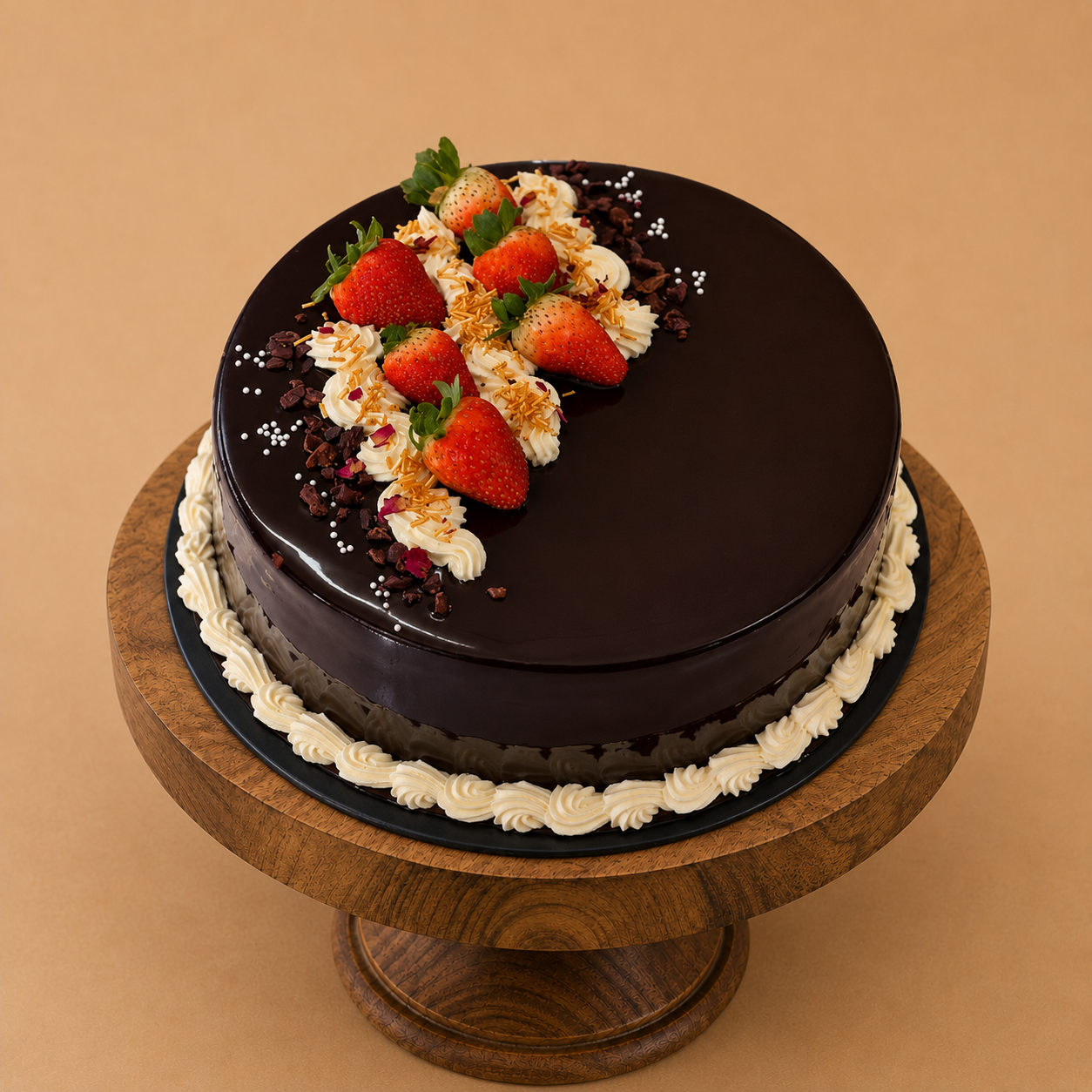 Heavenly Chocolate Cake with Strawberry Toppings.