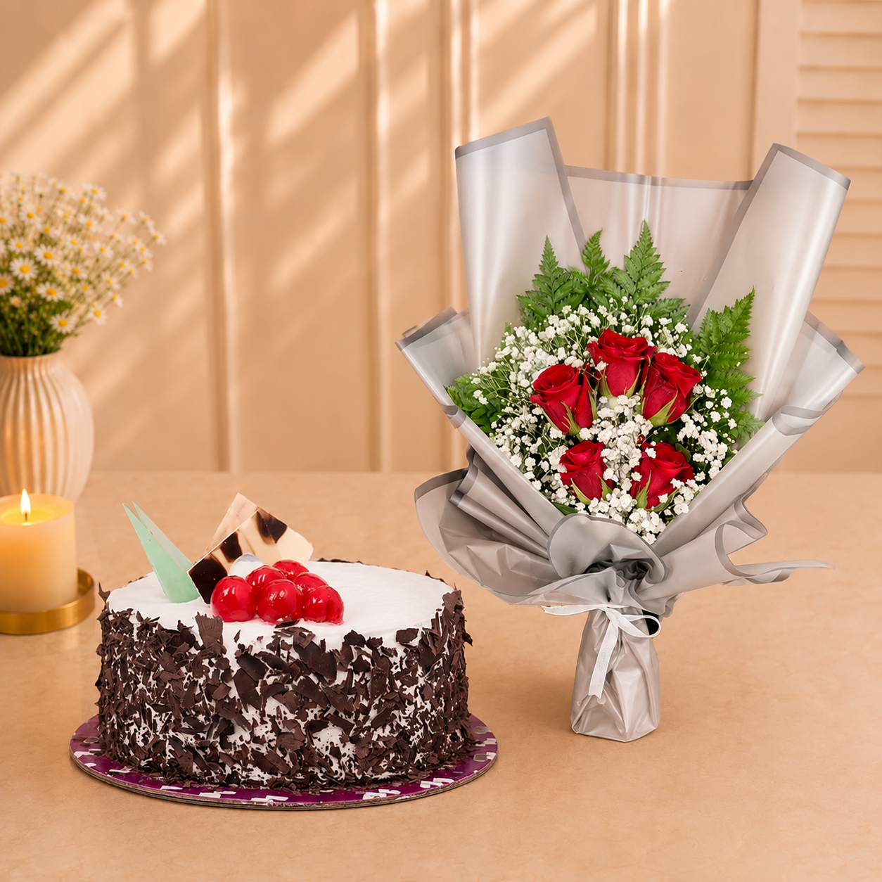 Cherry Loaded Cake With Red Rose Bouquet