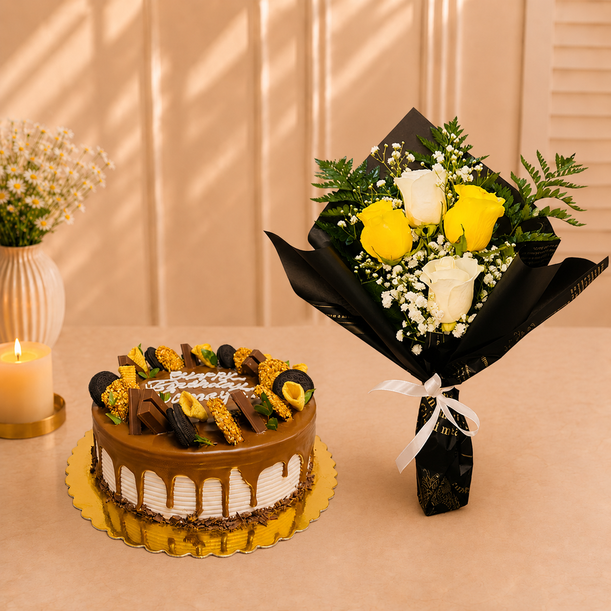 Chocolate Cake with Colourful Rose Bouquet.
