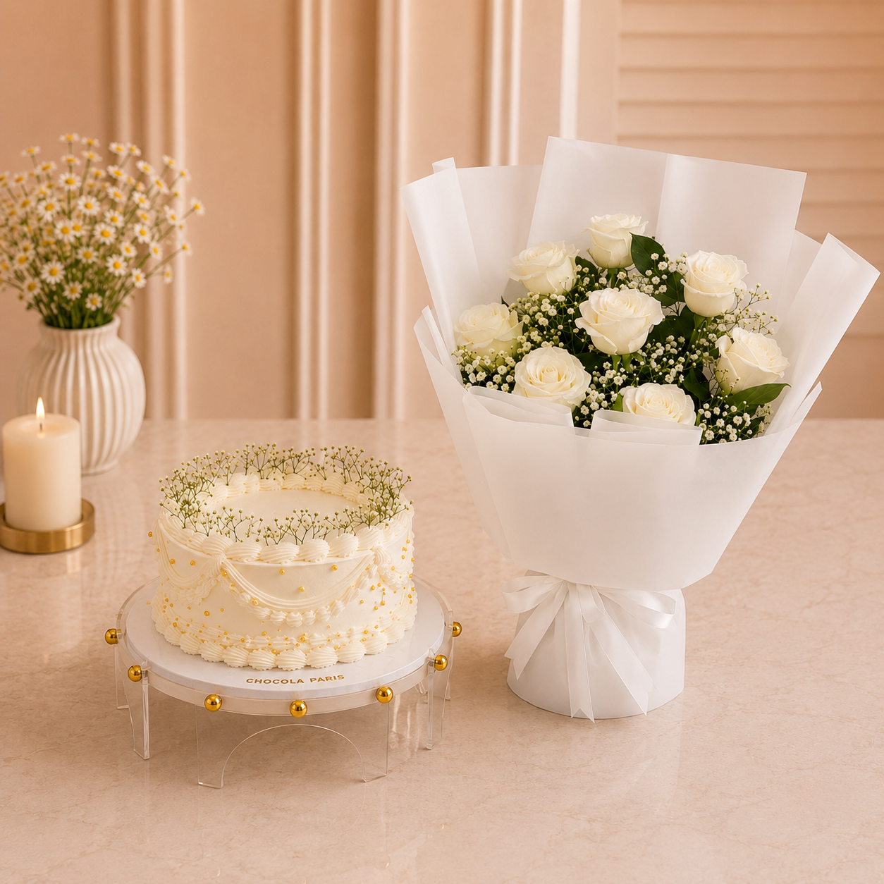 white Elegance Cake & Roses Combo