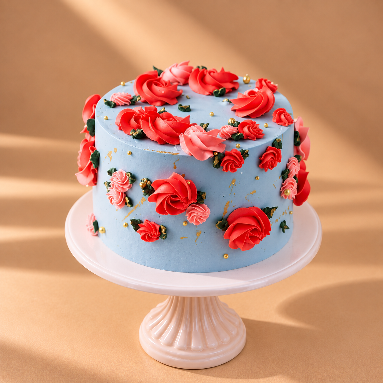 Floral Blue Cake With Creamy Flowers