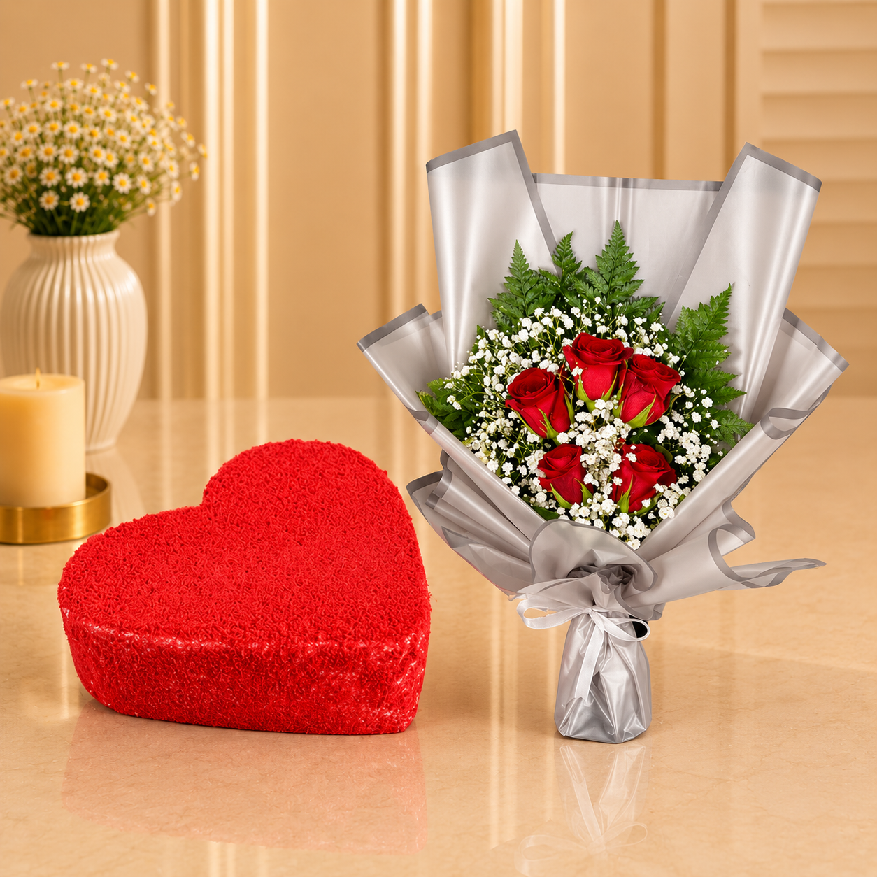 Red Velvet Heart Shape Cake with Red Rose Bouquet