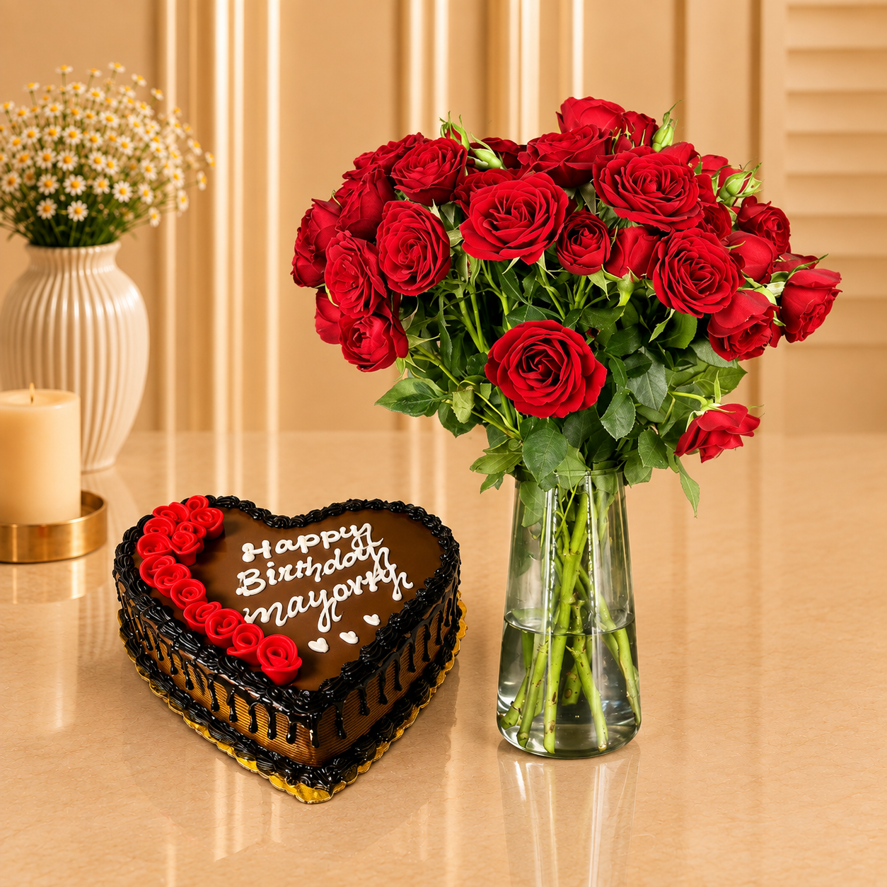 Heart Shaped Chocolate Cake With Red Roses