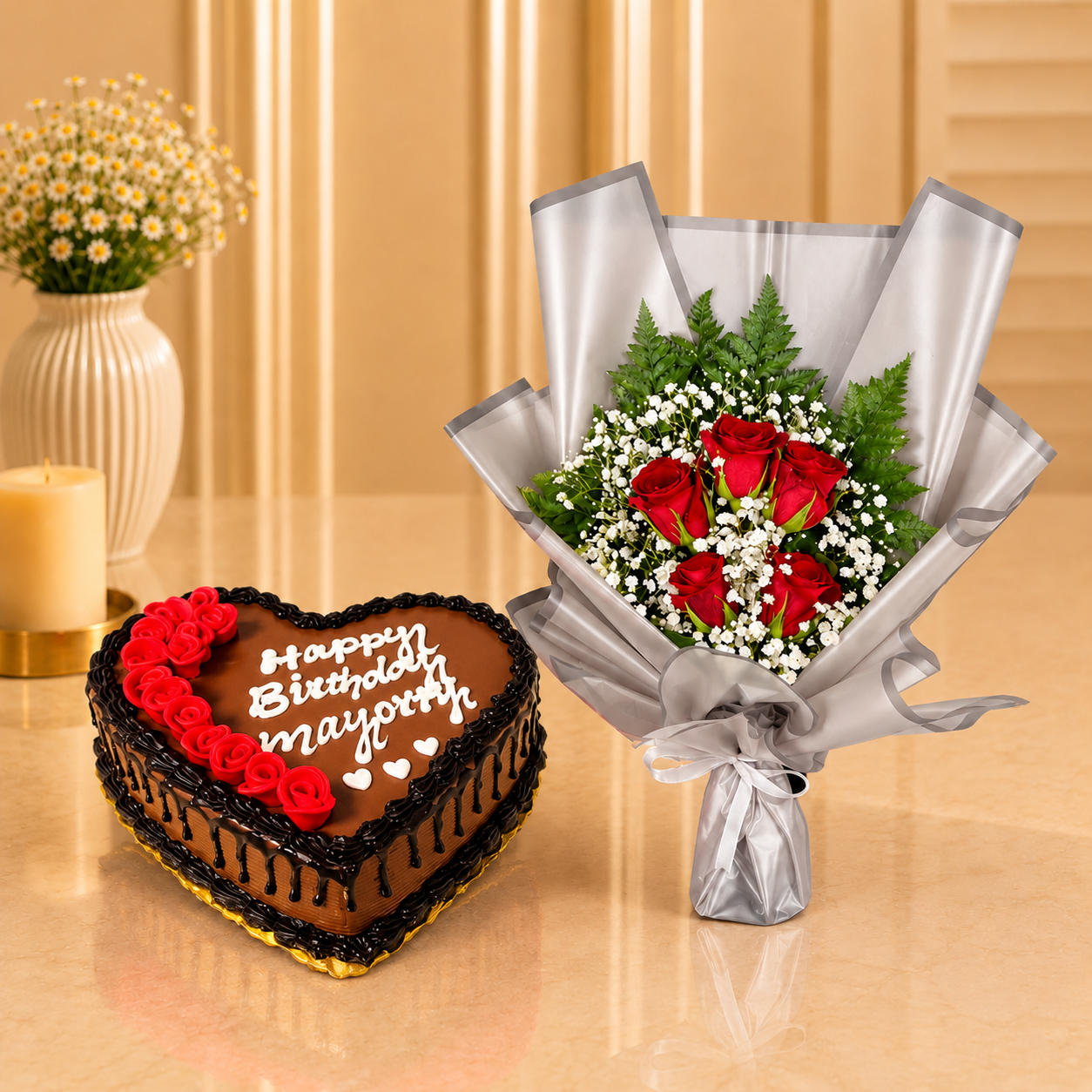 Heart Shaped Chocolate Cake With Red Bouquet
