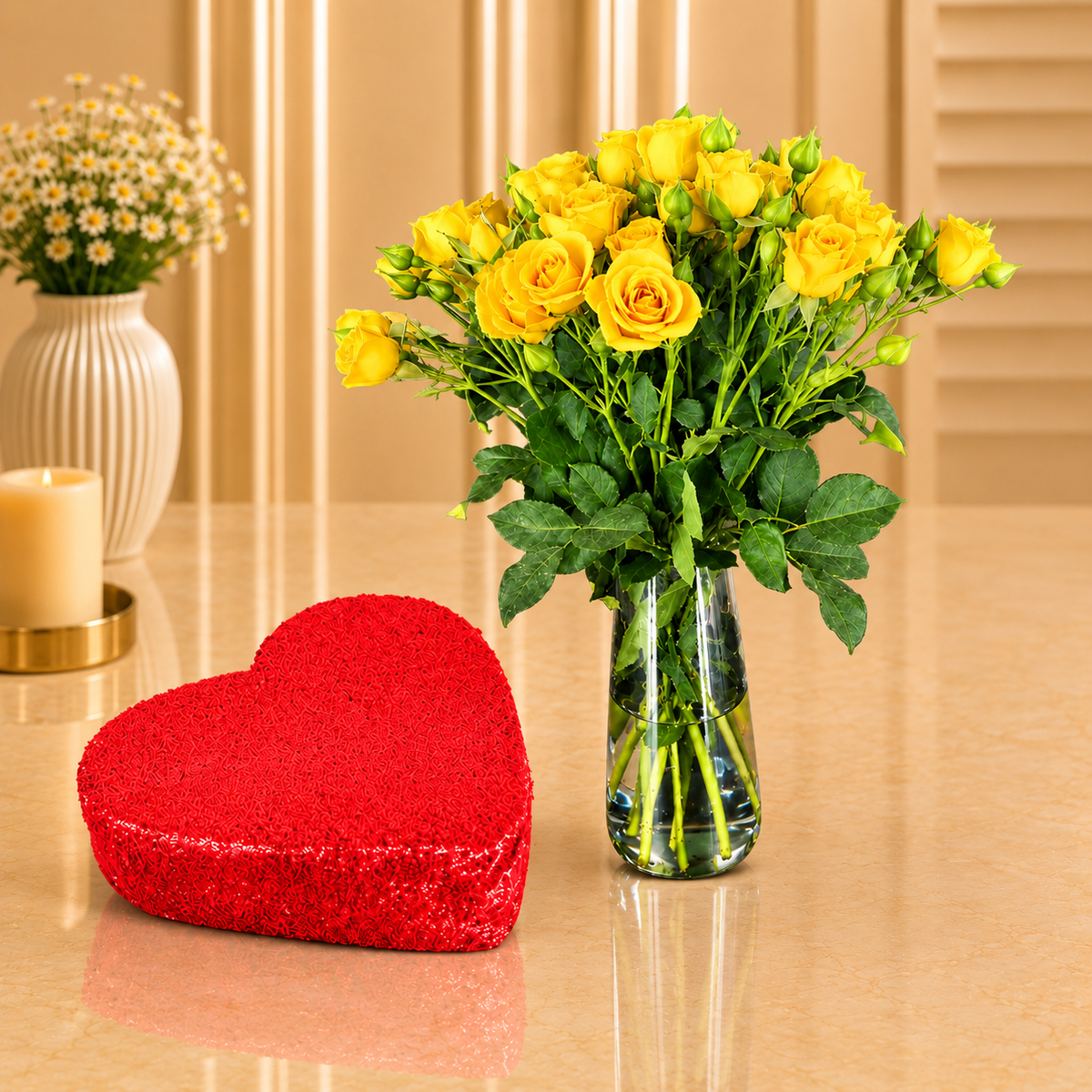 Red Velvet Heart Shaped Cake With Yellow Roses
