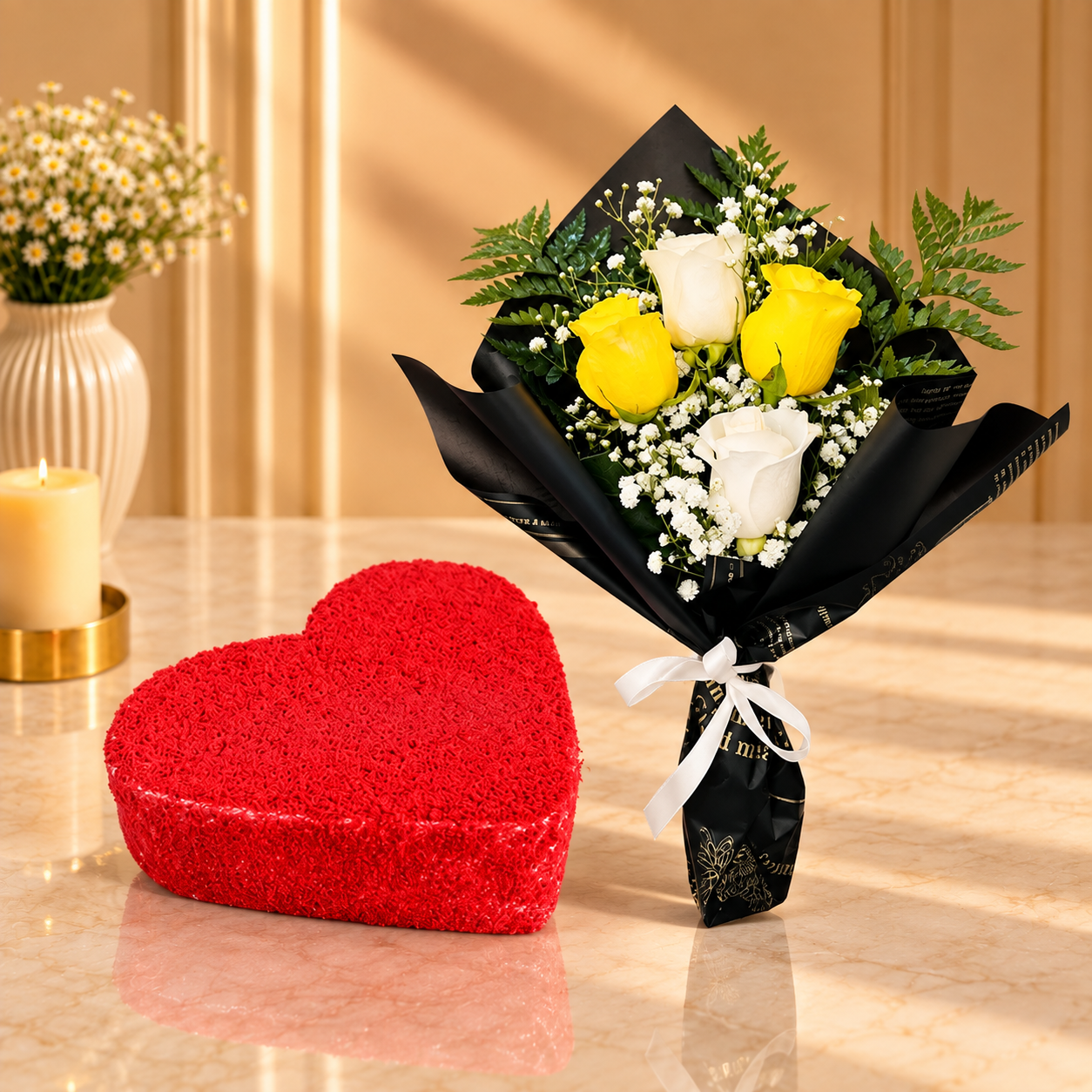 Red Velvet Heart Shape Cake with Colorful Rose Bouquet