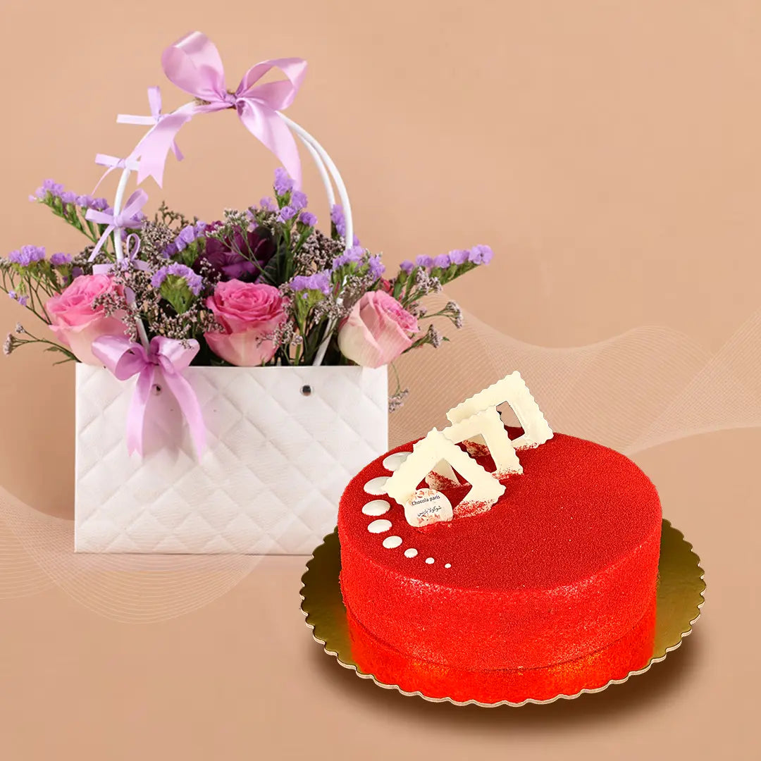 red velvet cake and flower basket