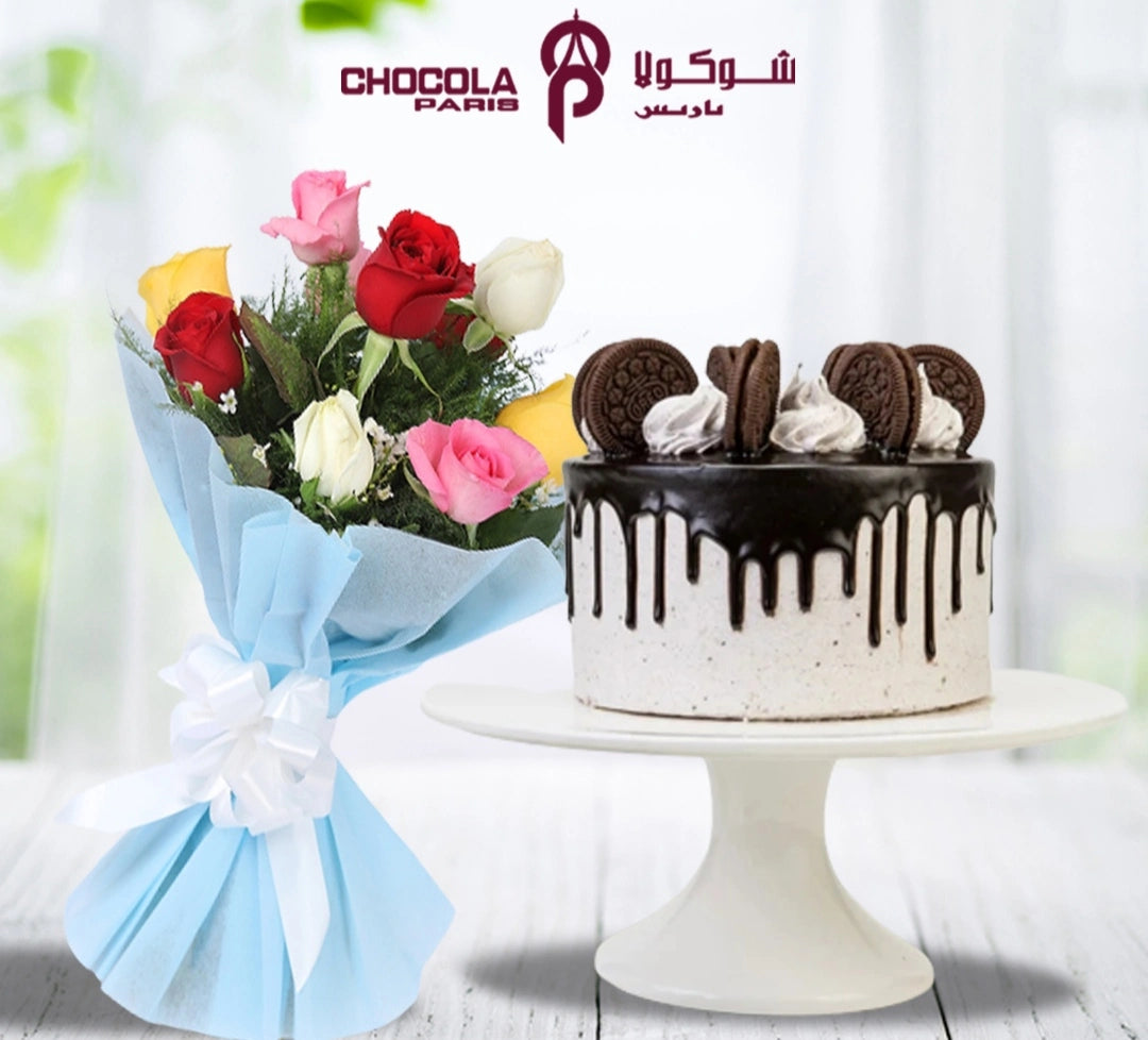 Cookies loaded Choco-Cake with Flowers Combo in Qatar