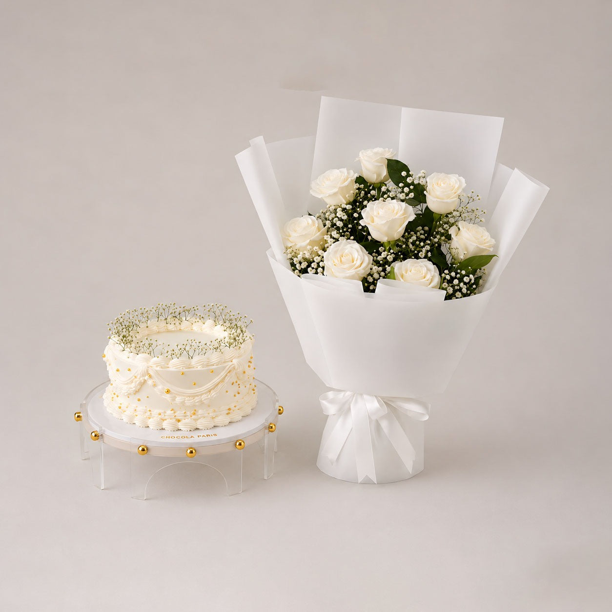 white Elegance Cake & Roses Combo