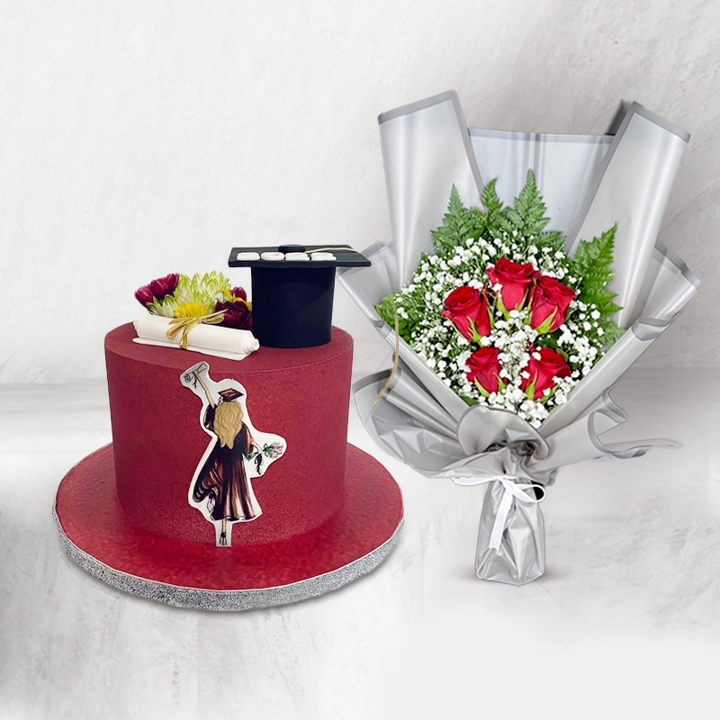 Red Graduation Day Cake and Flower Combo