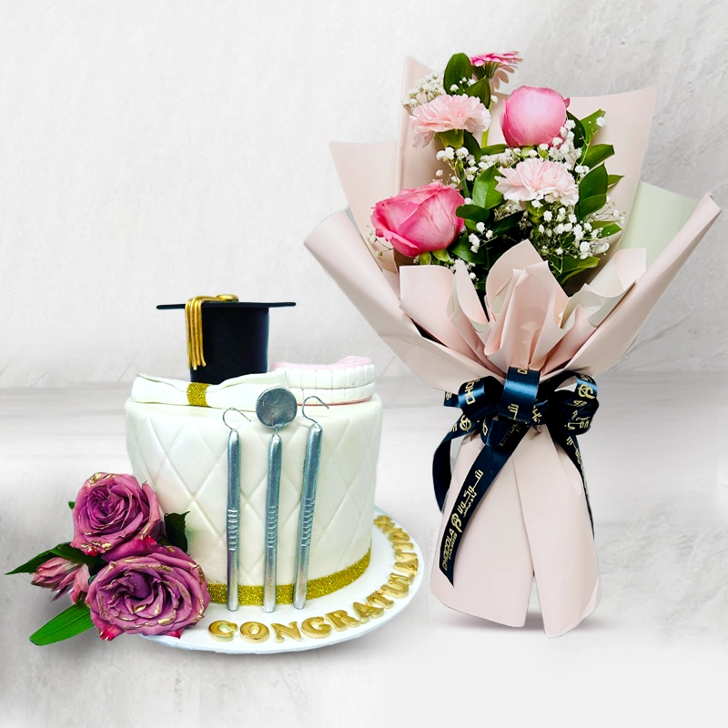 Dental Theme Graduation Day Cake & Flowers Combo