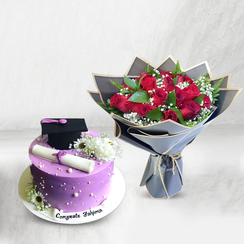 Purple Graduation Day cake and Flower Combo