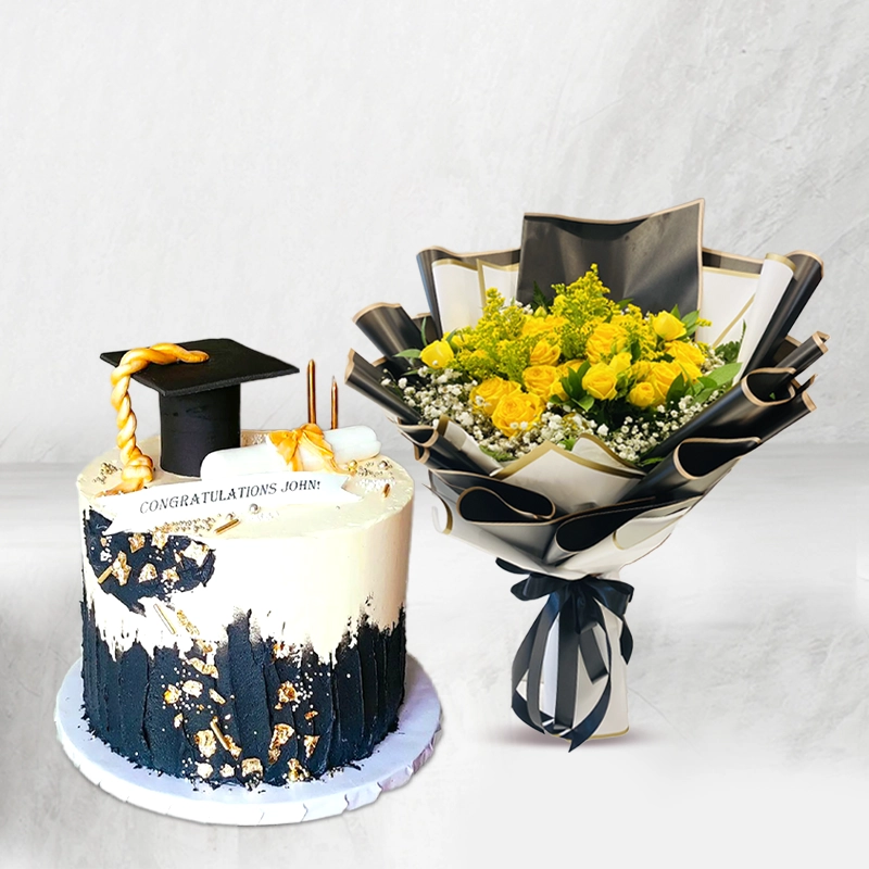 Black Graduation Day Cake with Flowers Combo