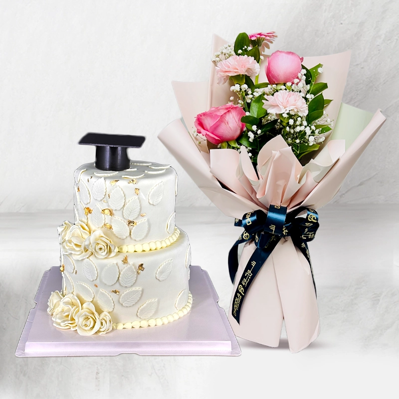 White Graduation Day Cake with Flowers Combo