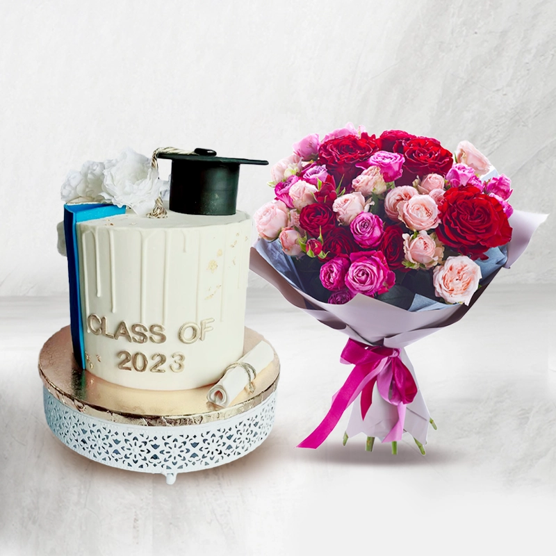 White Cake and Colorful Flowers Combo